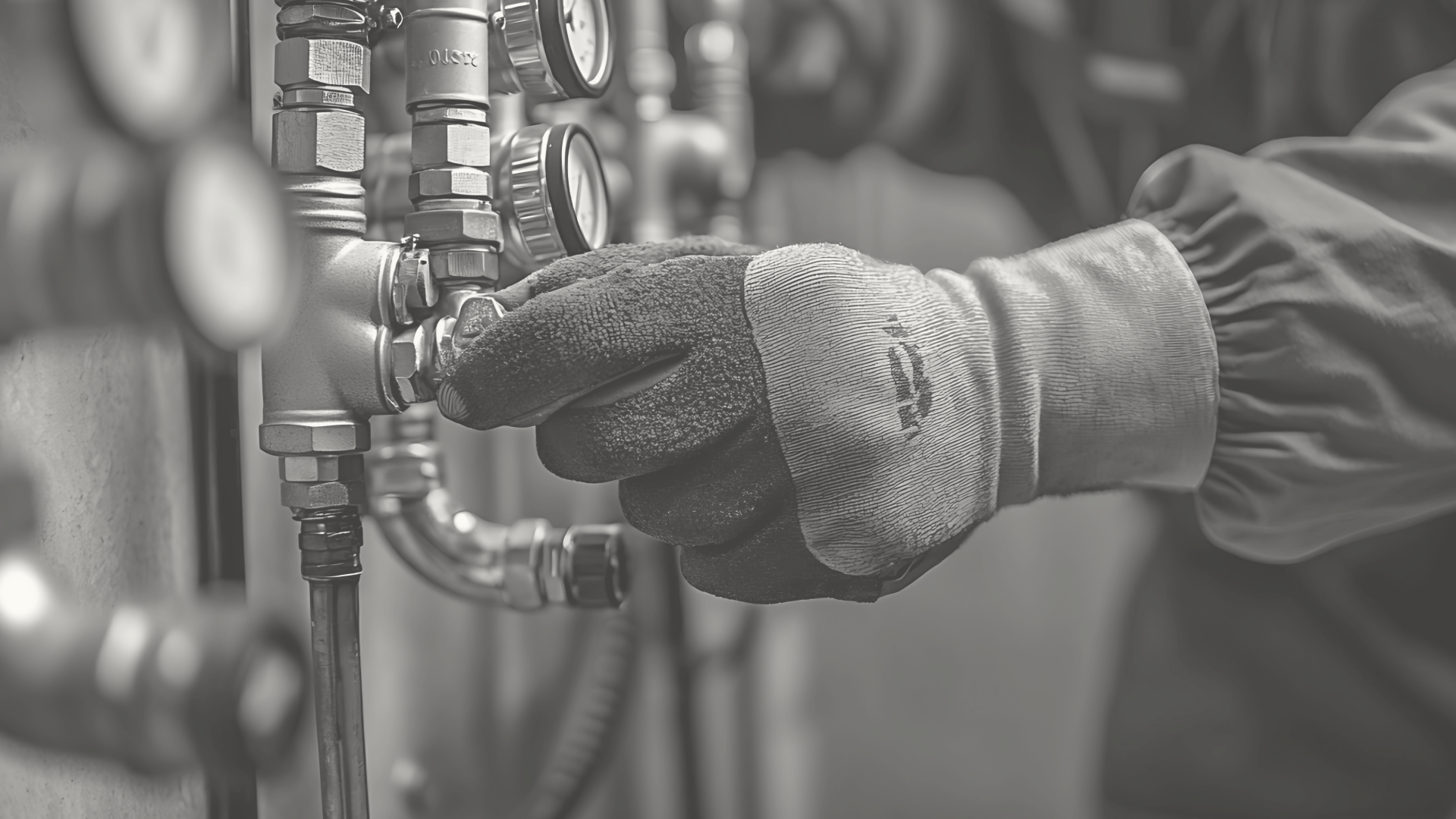 A worker's hand in a textured glove adjusting a valve or pipe connection in an industrial setting, with various metal pipes and gauges visible.