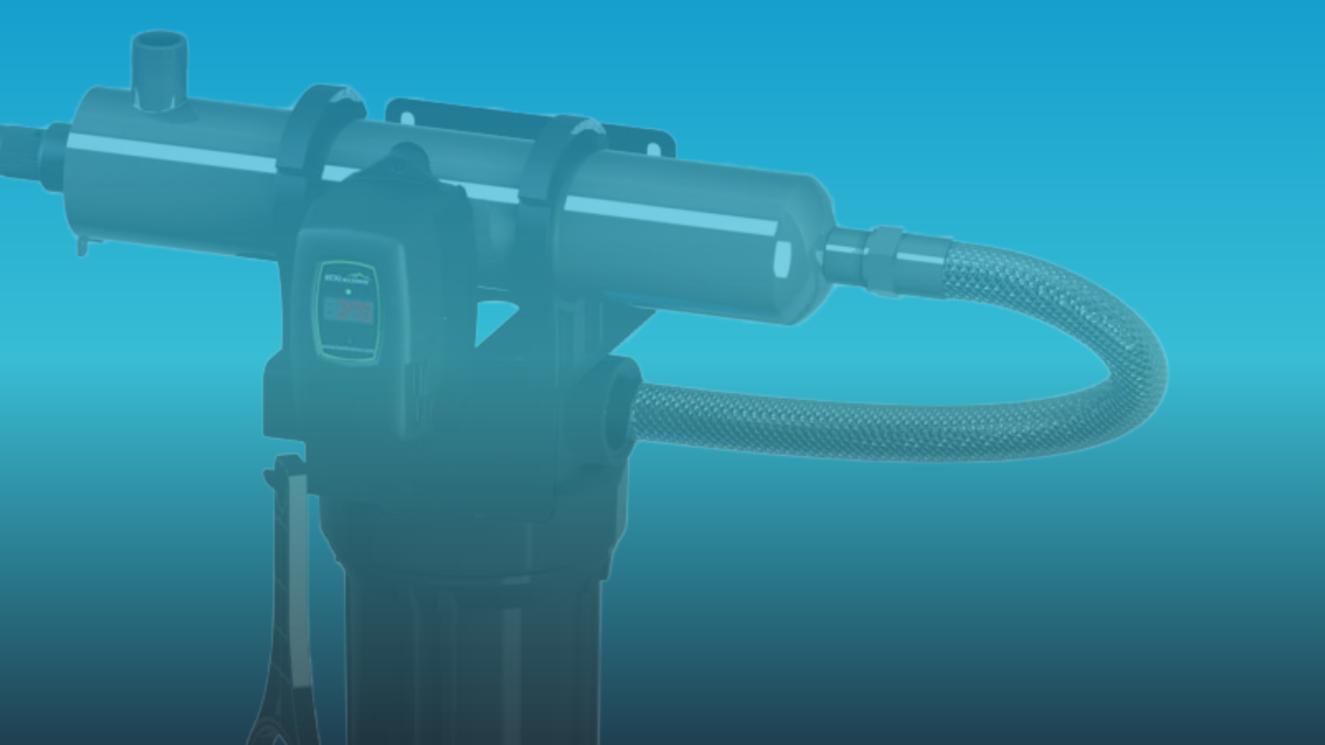 A laser gun mounted on a stand with a flexible hose attached, set against a blue gradient background.