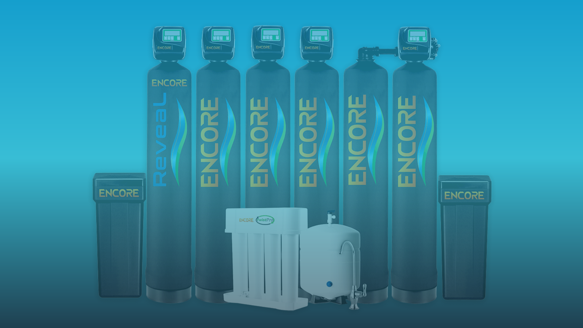 A water treatment system with multiple tall blue tanks labeled 'REVEAL' and 'ENCORE', along with a white rectangular unit labeled 'ENCORE twistPro' and a small water pump, set against a blue background.
