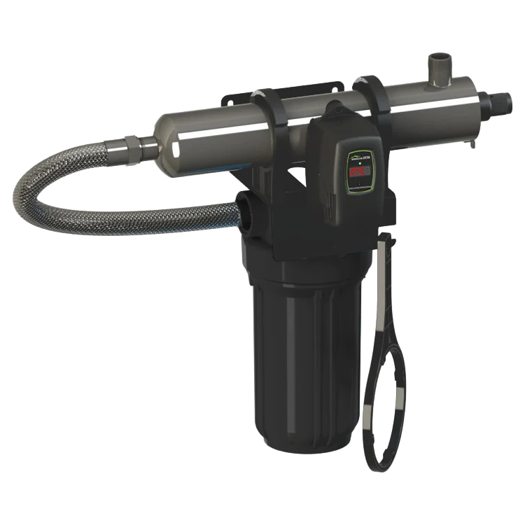 A portable water filtration system with a cylindrical black filter and a flex hose connected to a metal component.