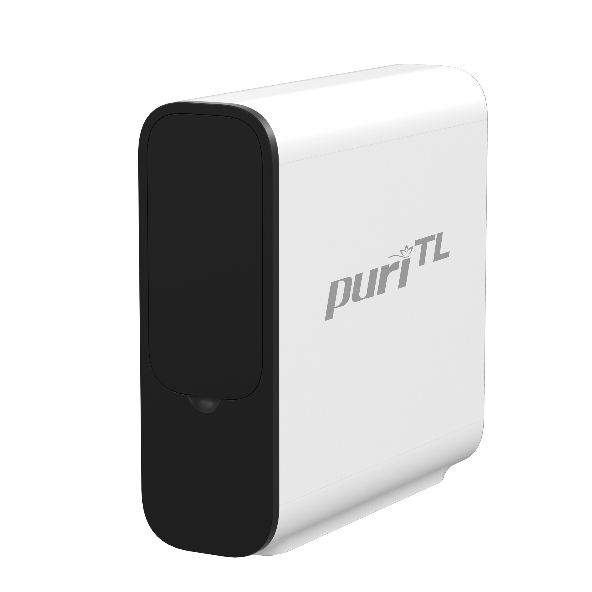 A white and black Puri reverse osmosis system with a black front panel and a small sensor at the bottom, featuring the Puri logo on the side.