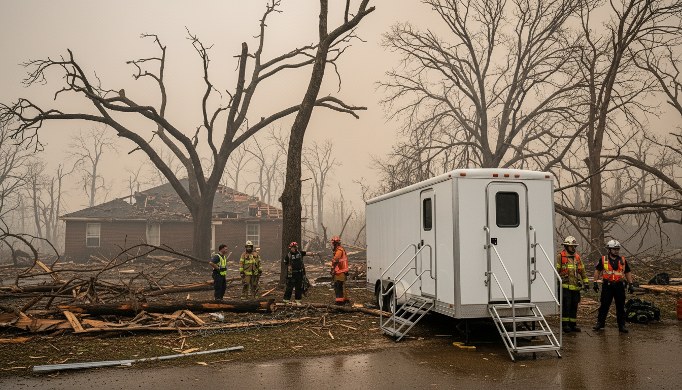 Emergency workers assess damage with fallen tree branches and debris on the ground after a storm, with a damaged house in the background and smoke in the sky.
