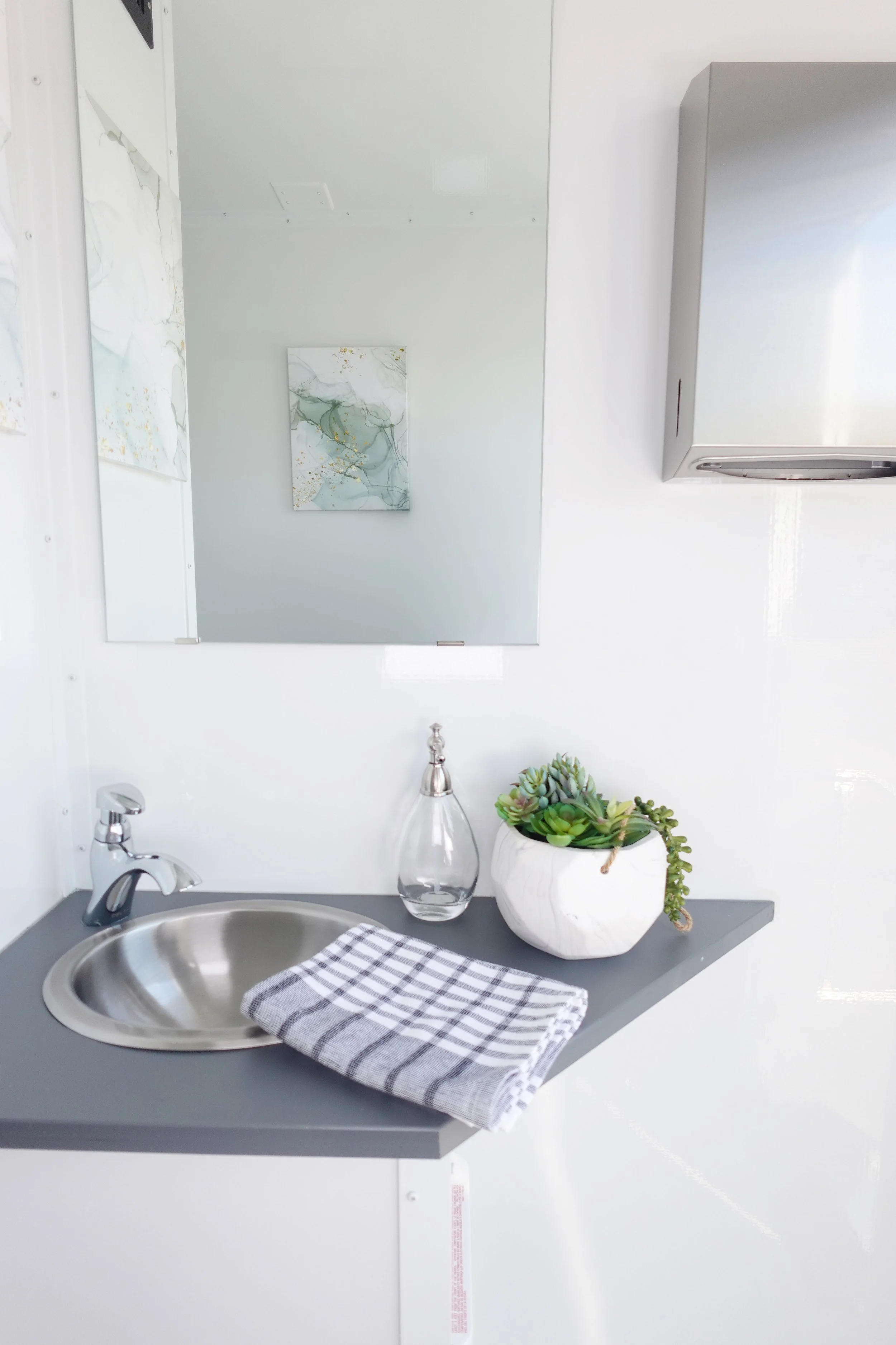 A bathroom vanity with a round silver sink, a modern faucet, a checkered towel, a glass soap dispenser, a white decorative planter with green succulents, a large mirror, and a wall-mounted silver cabinet.