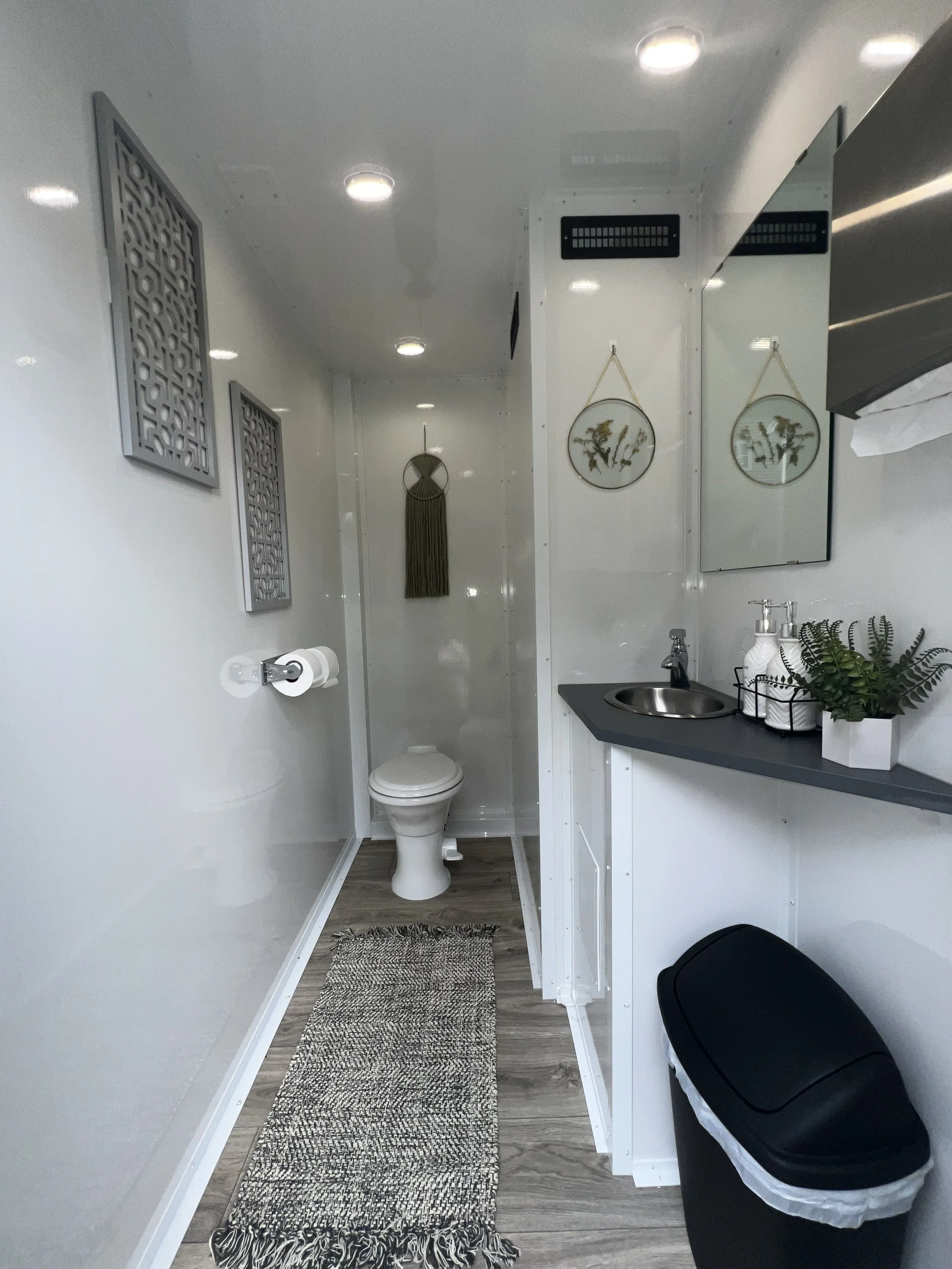 A compact bathroom with white walls and ceiling, wood-look flooring, and decorative wall art. It features a toilet, a small gray shelf with potted plants and soap dispensers, a mirror, and two circular wall hangings. A gray rug with tassels is on the floor, and a black trash bin is near the sink.