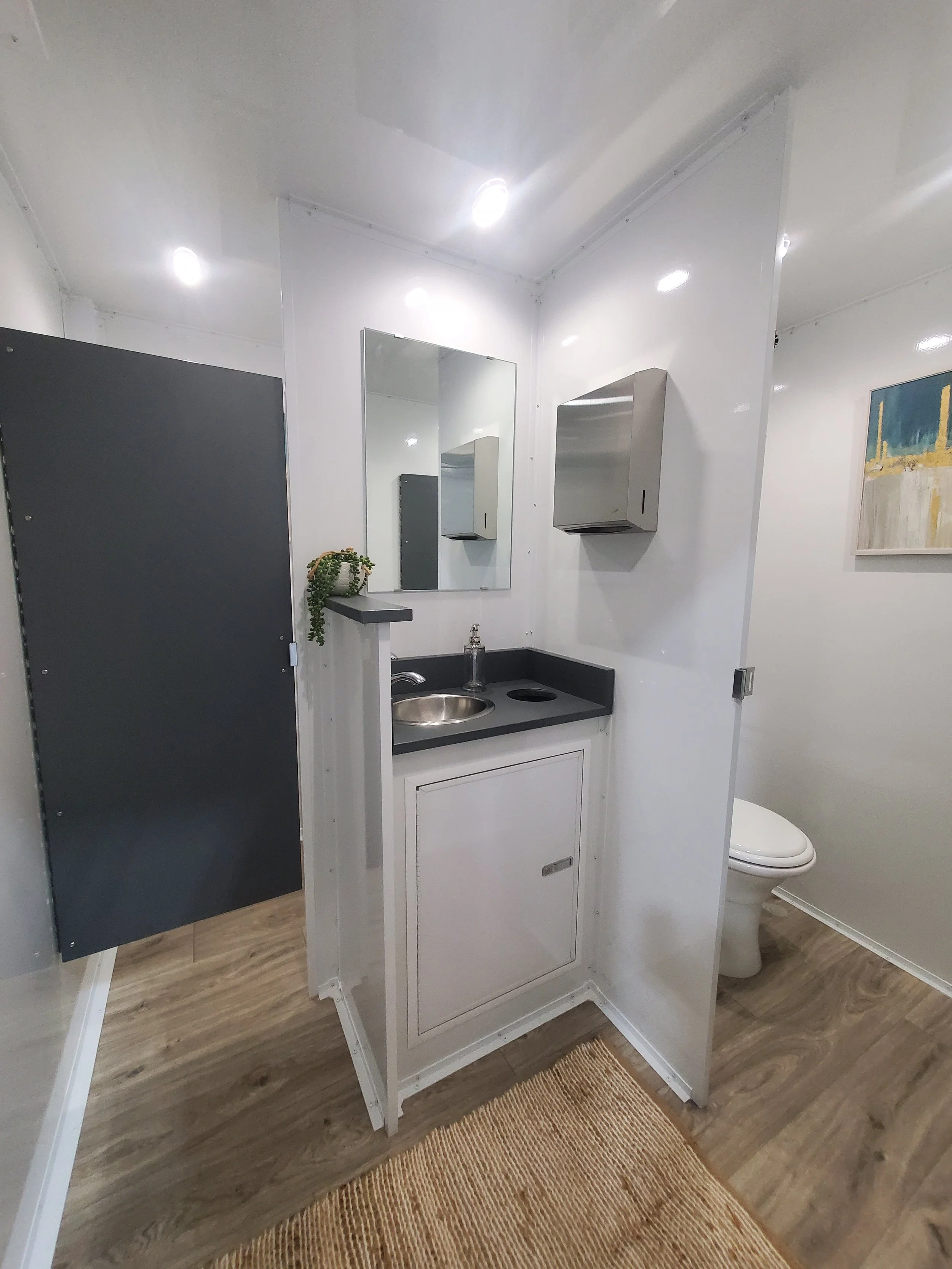 Small bathroom with a black countertop sink, mirror, wall-mounted soap dispenser, and a toilet in the background.