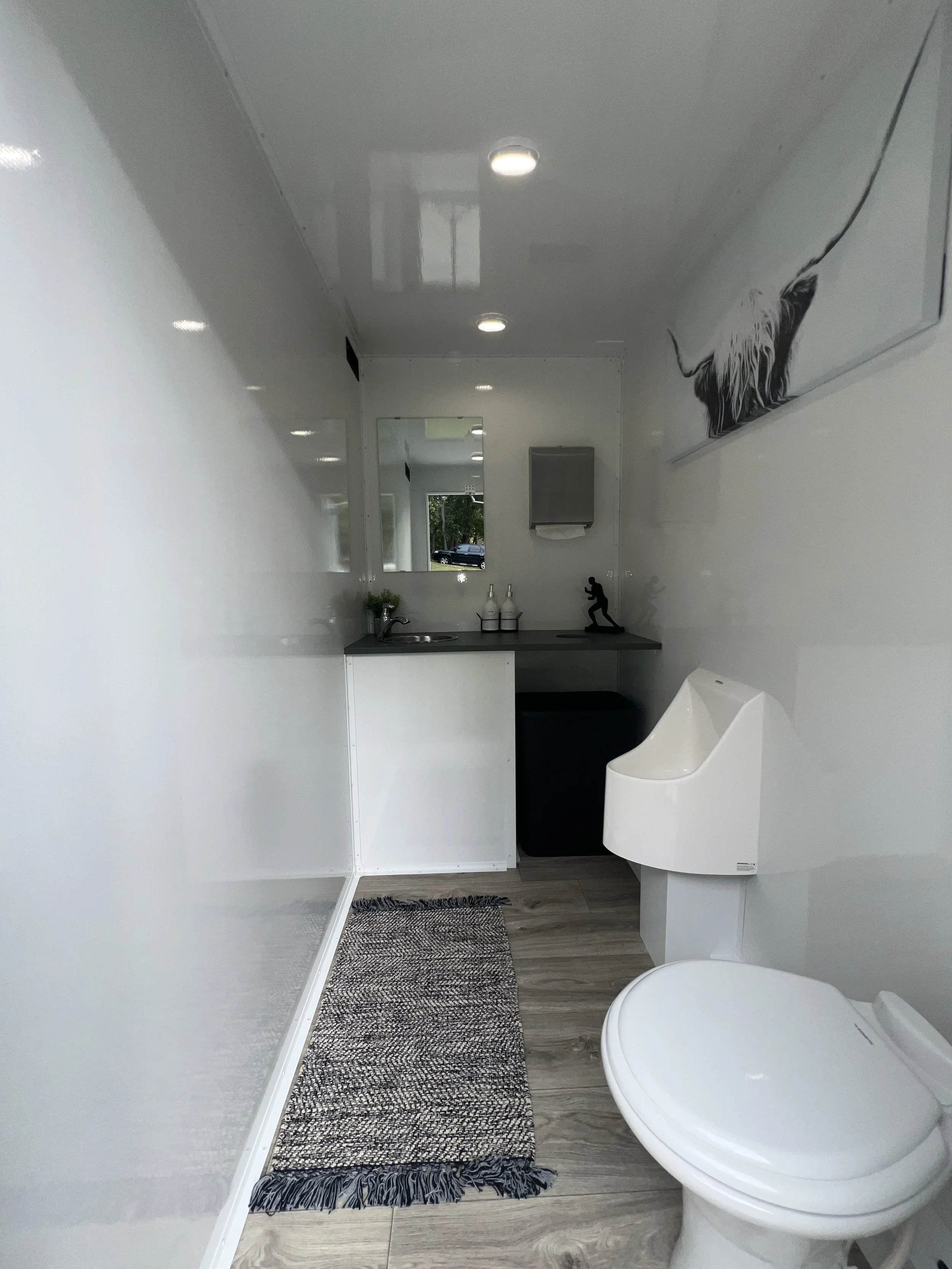 A compact bathroom with a white toilet, a small sink, a mirror, and a gray countertop with decorative bottles. The bathroom has wood-like flooring, a black woven rug, a wall-mounted paper towel dispenser, and artwork depicting a cow. There is a window showing a parking lot outside.