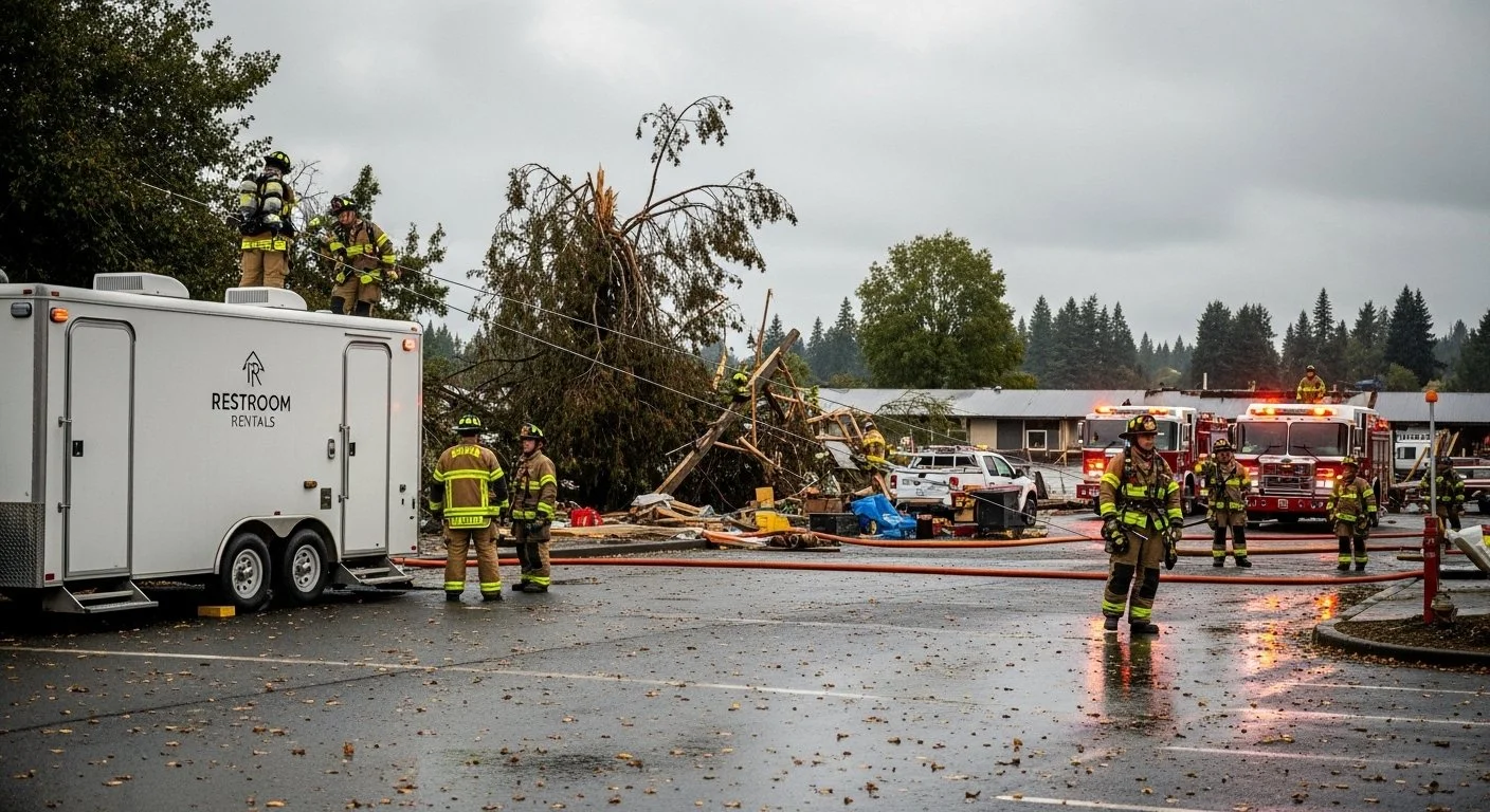 Firefighters work at the scene of a fallen tree that damaged multiple vehicles and utility poles in a parking lot on a rainy day.