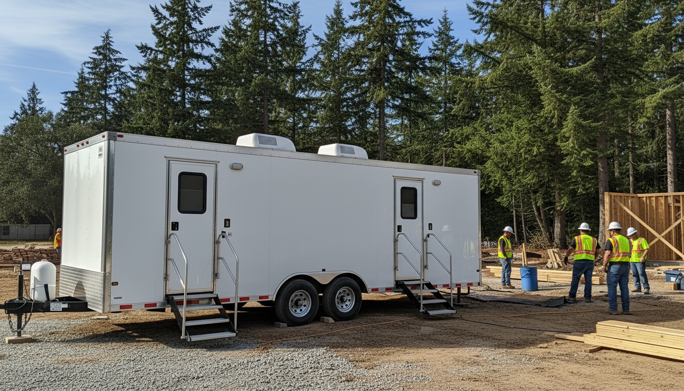 Construction workers wearing safety vests and helmets working at a construction site with a mobile office trailer and wood materials.