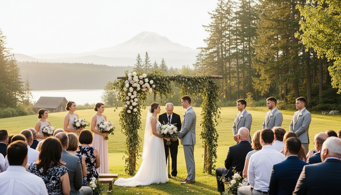 mobile restroom outside on the grass at a wedding
