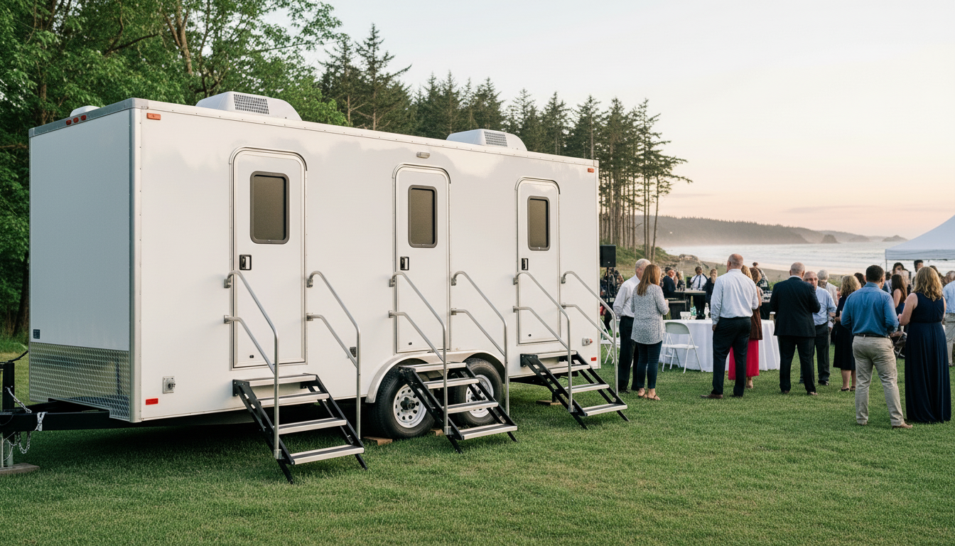 People gathered outdoors near the water, with some standing near a large white trailer with stairs, at a sunset.
