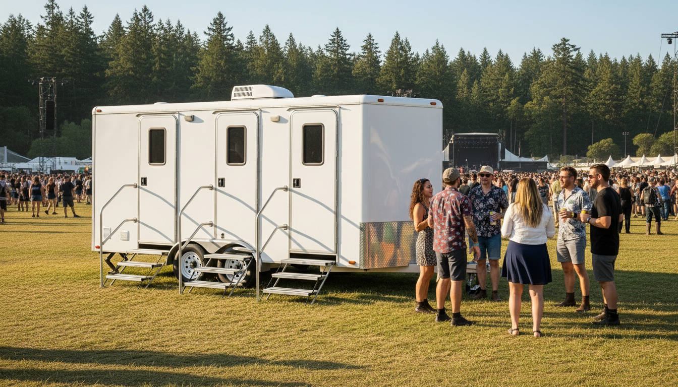 Mobile restroom trailer outside at a film production