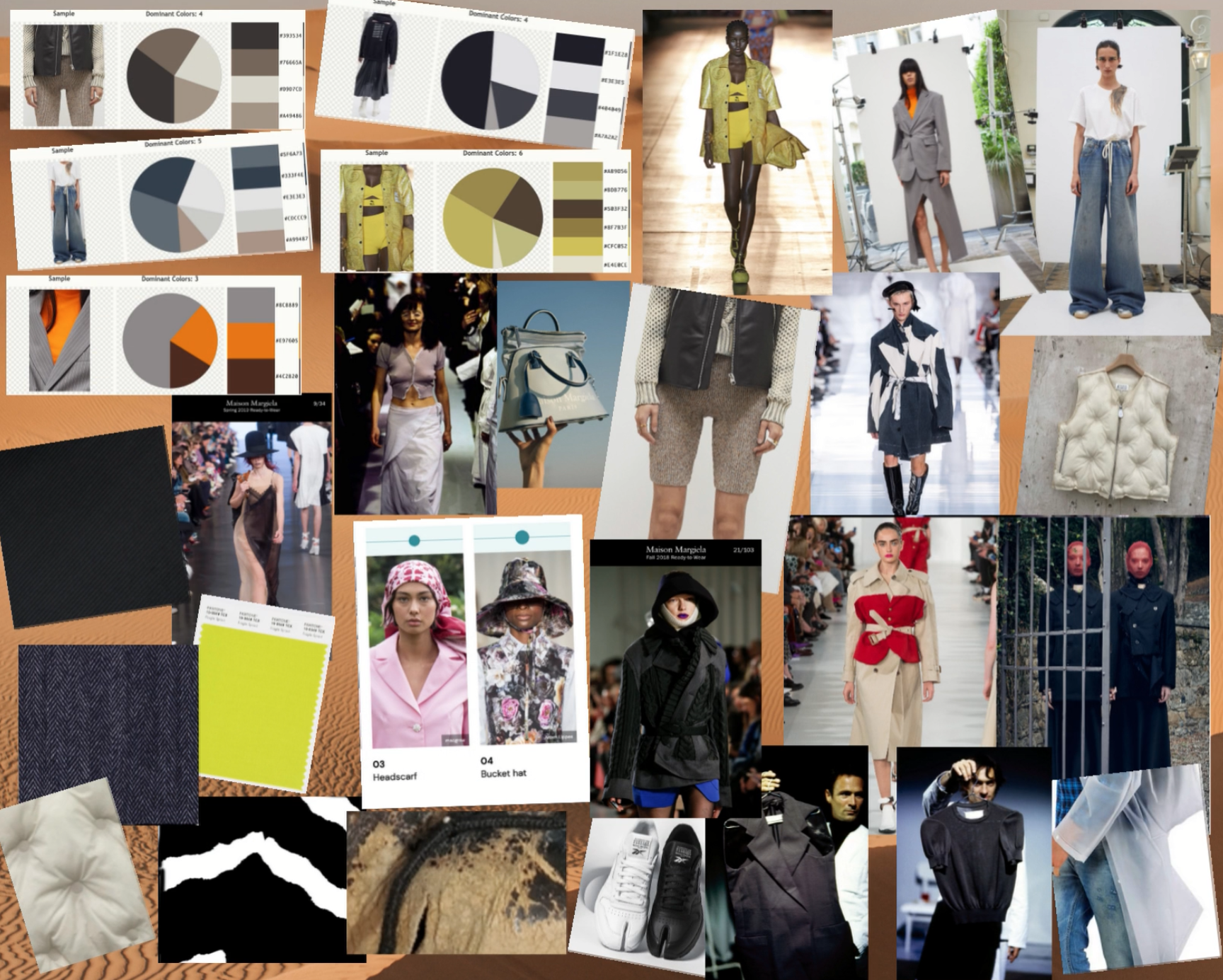 Collage of fashion instances including runway models, clothing swatches, color palette charts, and fashion accessories.