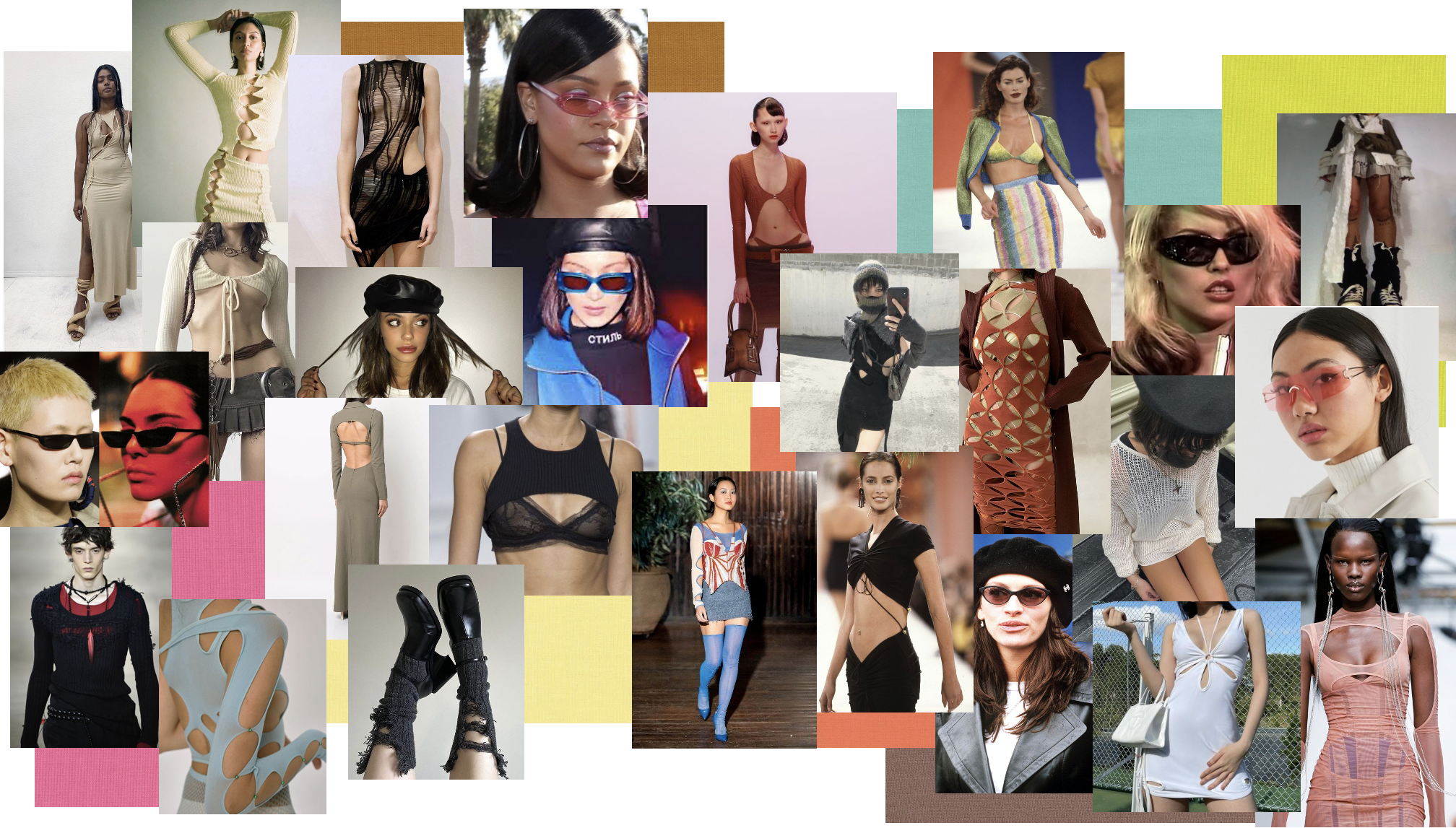 Collage of various women modeling fashion outfits, accessories, and sunglasses for a runway or fashion photoshoot.