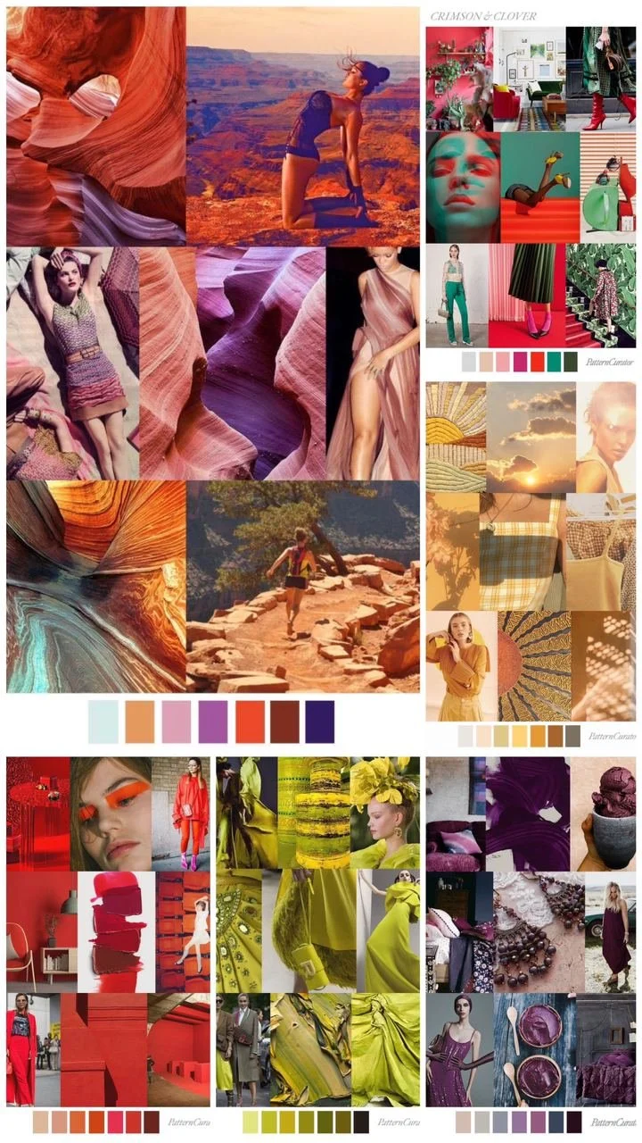 Collage of fashion and nature scenes with vibrant colors and patterns, including desert landscapes, interior decor, fashion models, and close-ups of textiles.