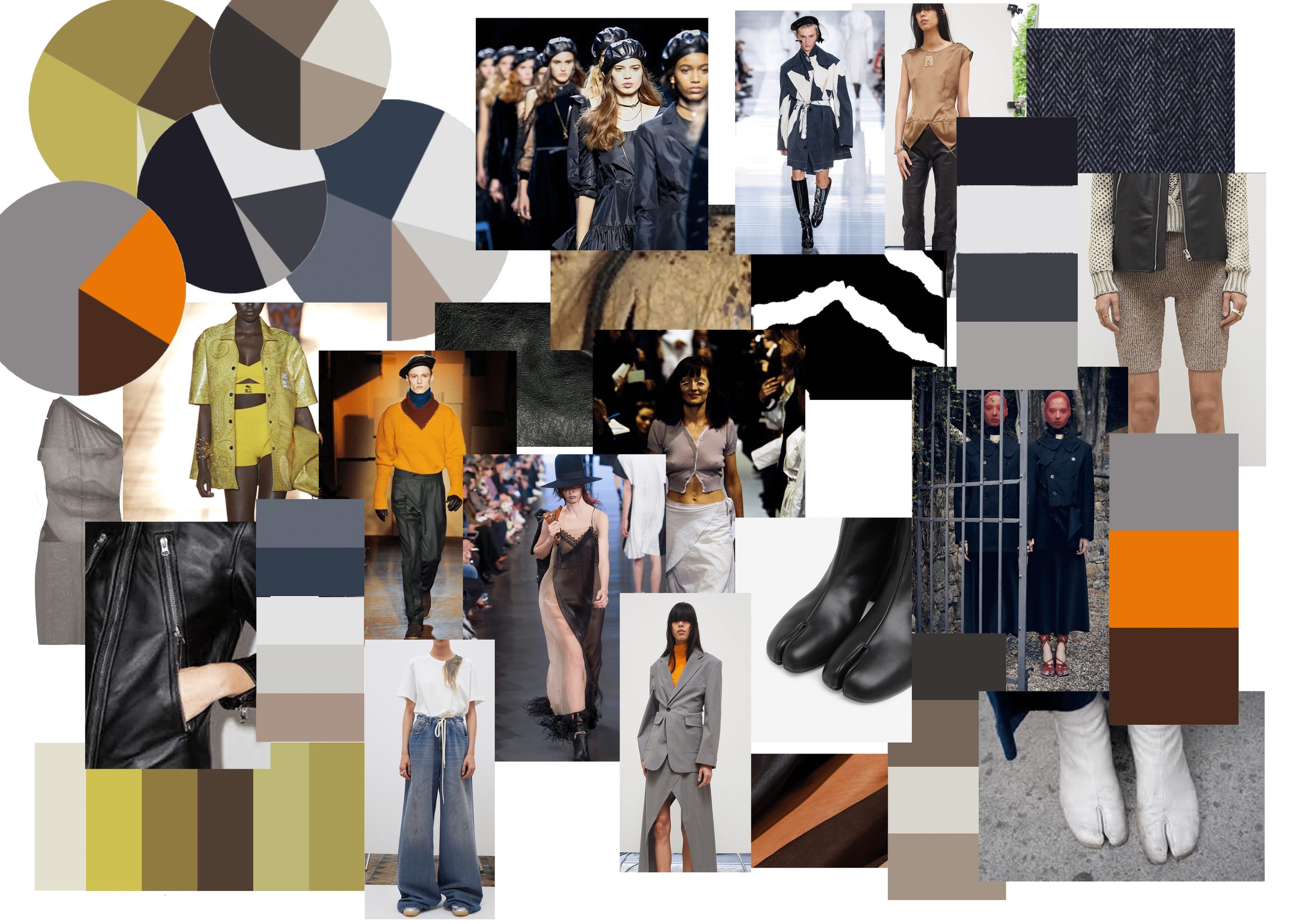 Collage of fashion models on runways showing various clothing styles, fabrics, and textures, along with fabric swatches in earth tones, black, and gray.
