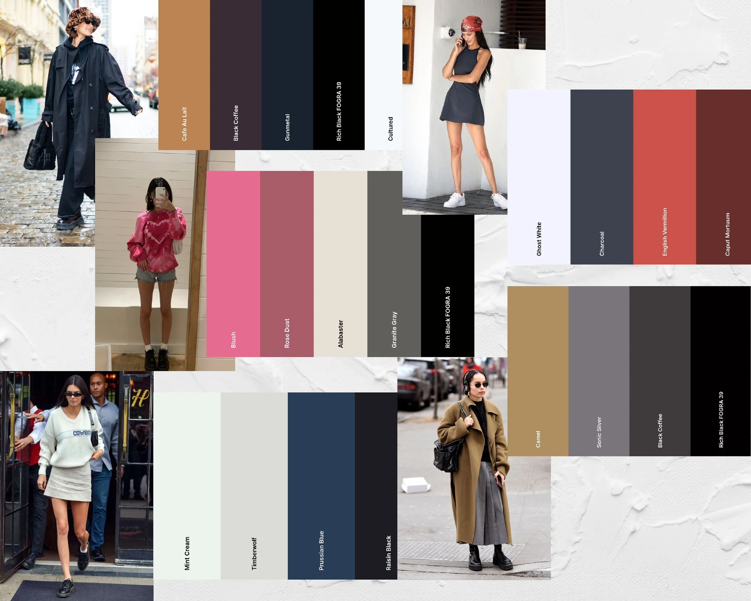 Collage of five women in different outfits and street styles. The first woman wears a navy coat and black pants with a hat. The second woman wears a pink and red tie-dye sweatshirt with gray shorts. The third woman is in a black dress with a red band
