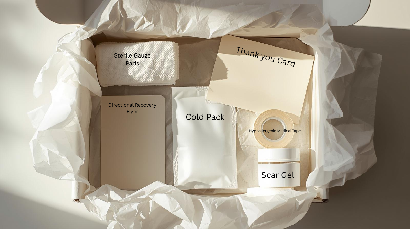 Medical gift box containing sterile gauze pads, a thank you card, a directional recovery flyer, a cold pack, hypoallergenic medical tape, and scar gel, all arranged inside tissue paper