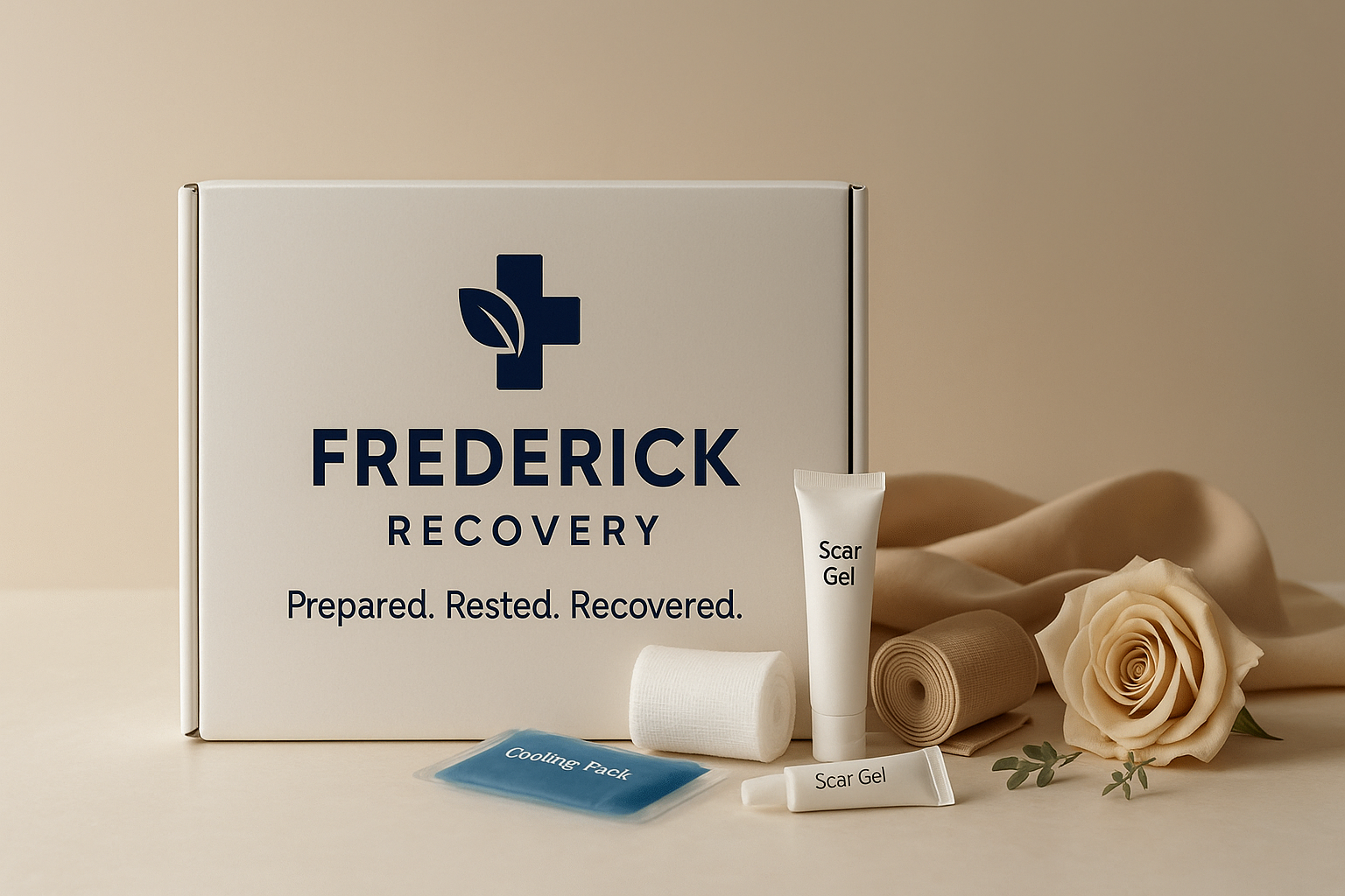 A recovery kit with a box labeled 'Frederick Recovery' and items including scar gel, a cooling pack, and bandages, along with a beige rose and a beige ribbon.
