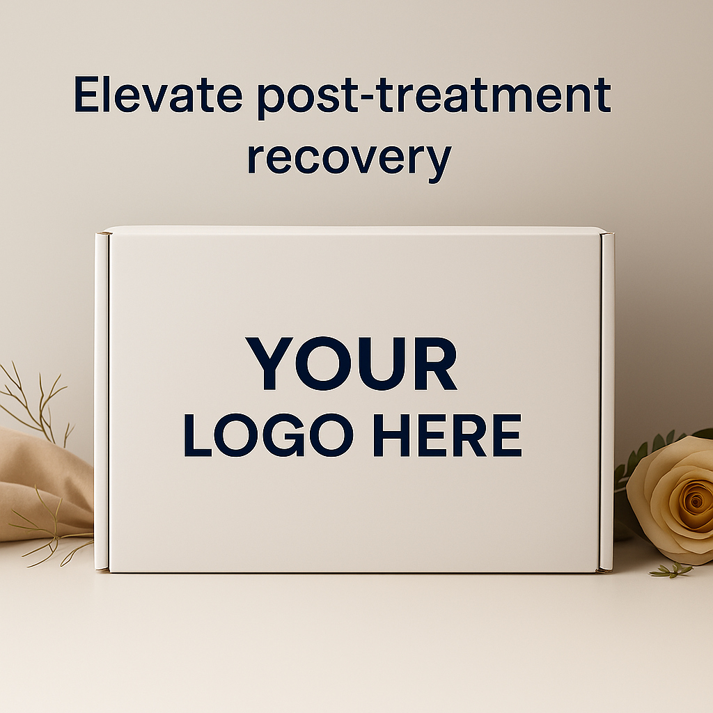 Customizable post-procedure recovery kit box with “Your Logo Here” shown on the front, styled with minimal beige décor. Ideal for medical spas and plastic surgery clinics seeking branded recovery kits.
