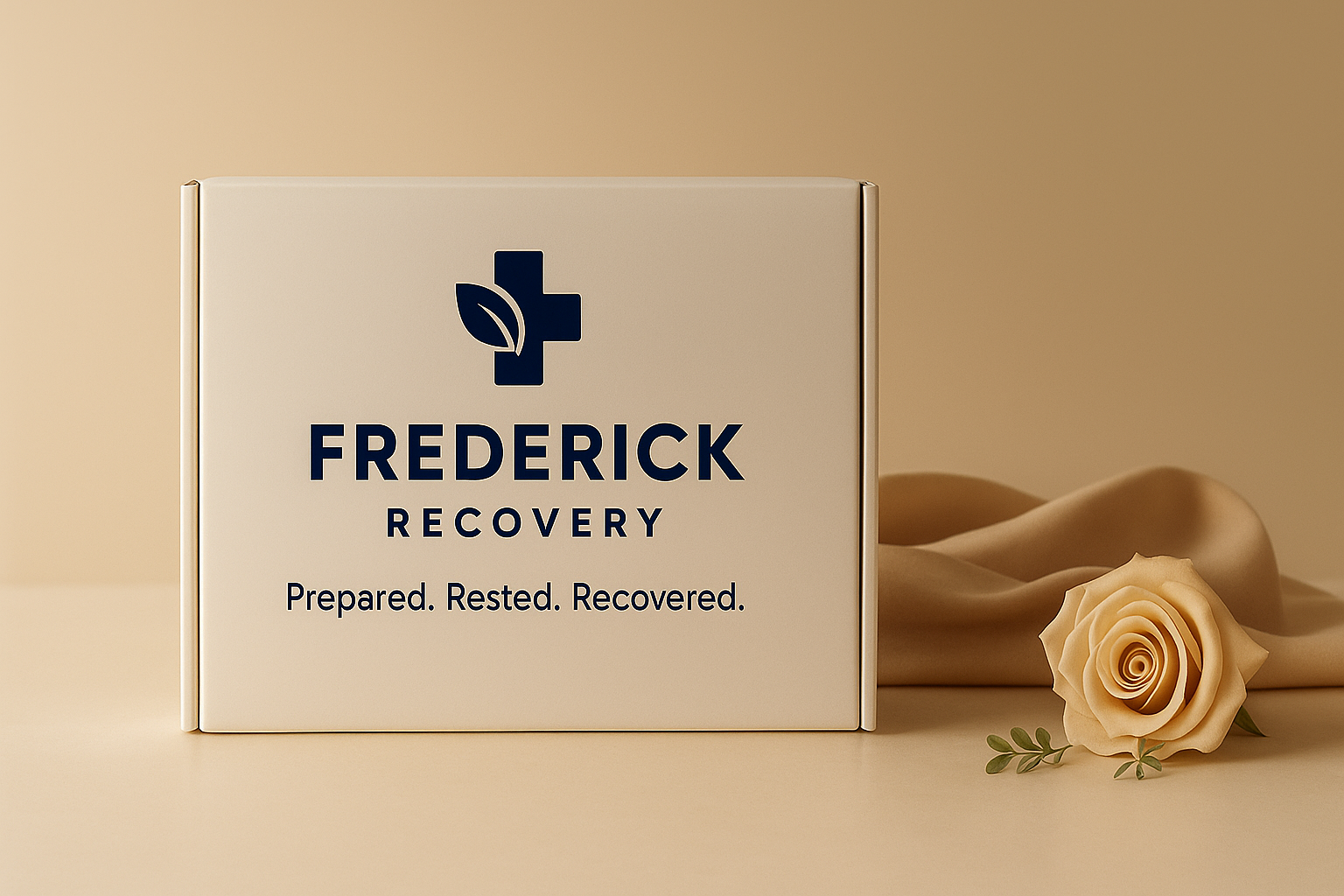 A box labeled 'Frederick Recovery' with a medical cross and leaf logo, alongside a beige rose, beige ribbon, and small leaves on a beige background.