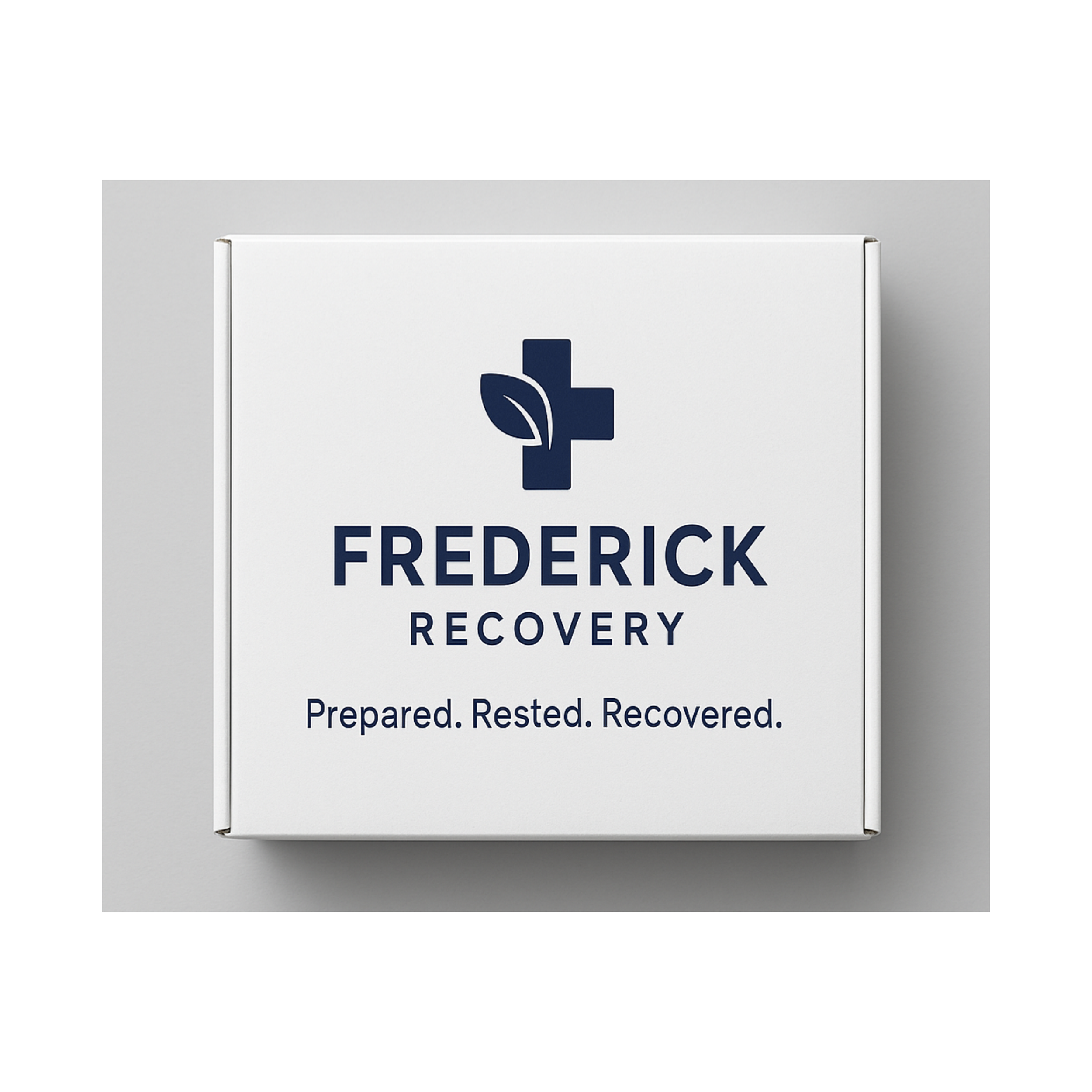 A white box with a blue medical cross, leaf icon, and text reading 'FREDRICK RECOVERY. Prepared. Rested. Recovered.'