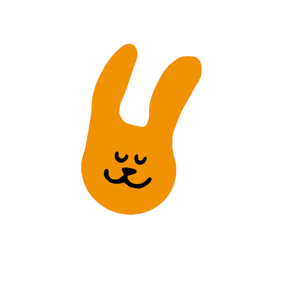 Cartoon illustration of a bunny face with closed eyes and a smiling mouth, set against an orange background with a white outline.