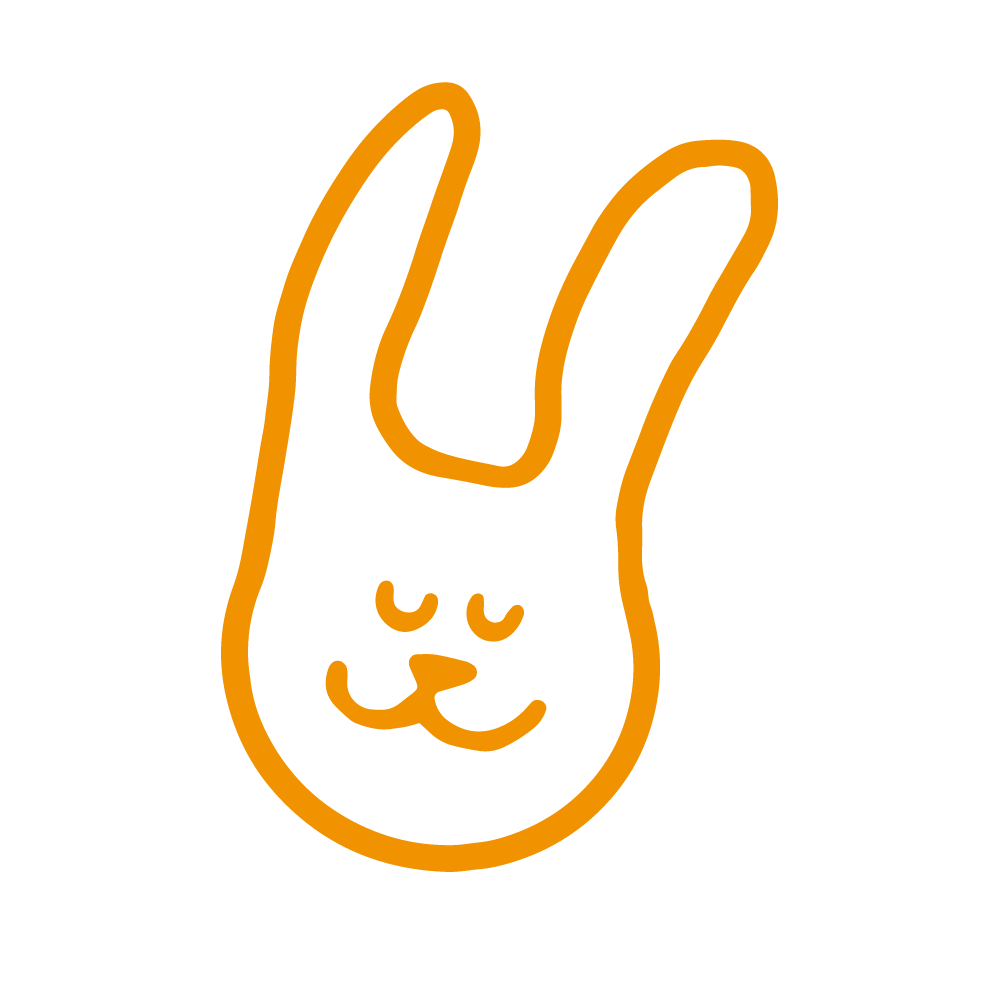 Orange line drawing of a bunny's face with closed eyes and a slight smile.