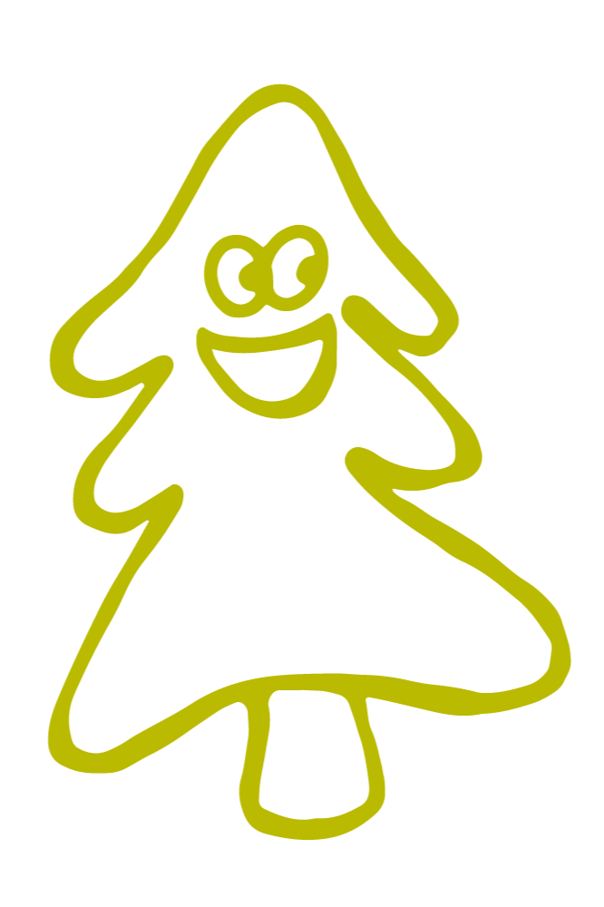 Neon outline of a smiling Christmas tree with eyes and a mouth, in yellow-green color on a black background.