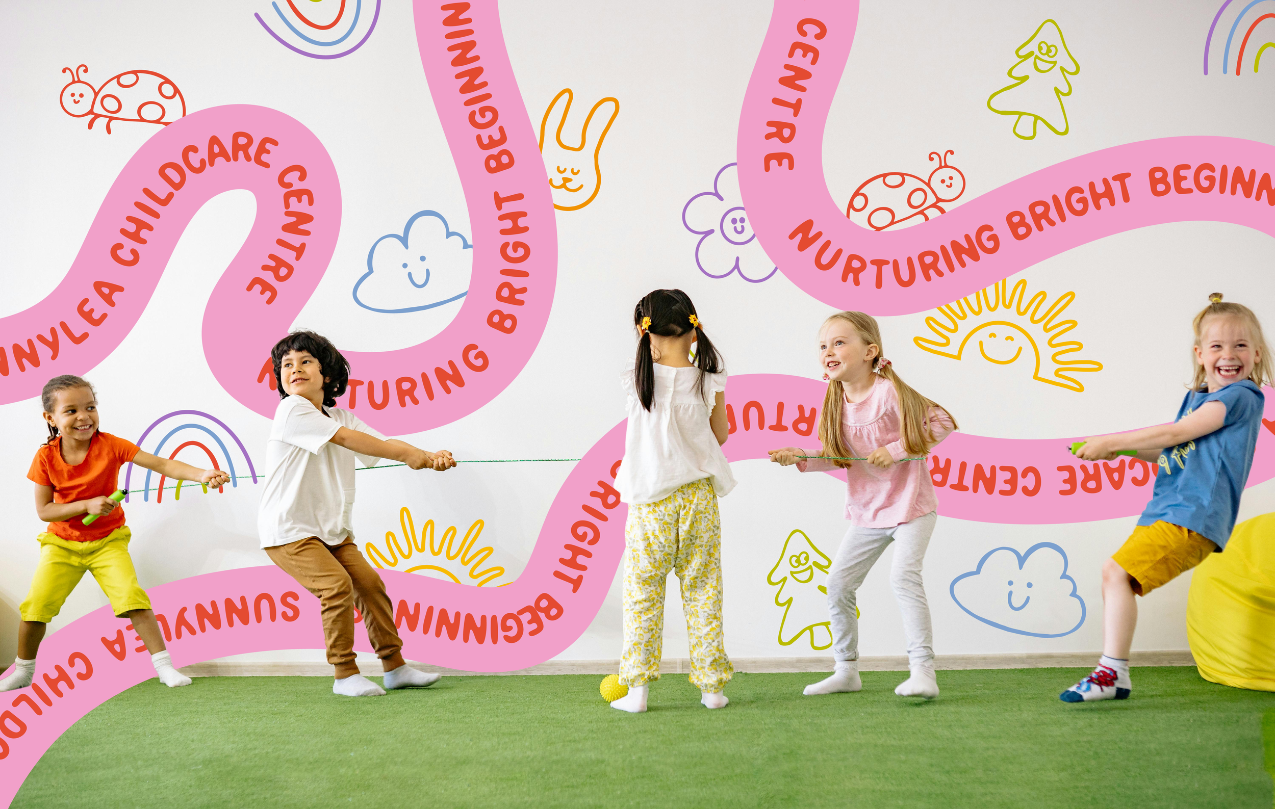 Five children playing a game, pulling on a rope in a colorful room with cartoon drawings and a pink winding line with motivational phrases like "nurturing bright beginning" and "like a child center."