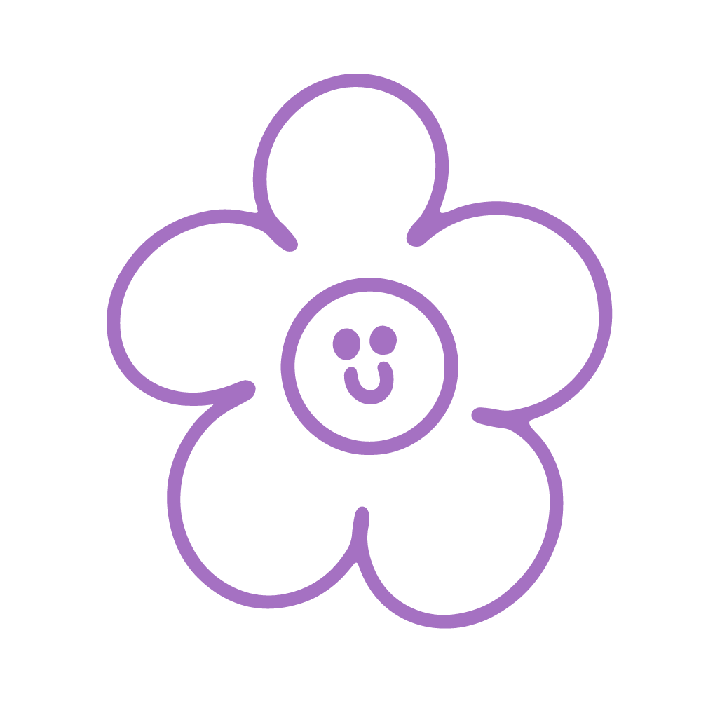 A simple purple outline drawing of a smiling flower with five round petals and a smiling face in the center, set against a black background.