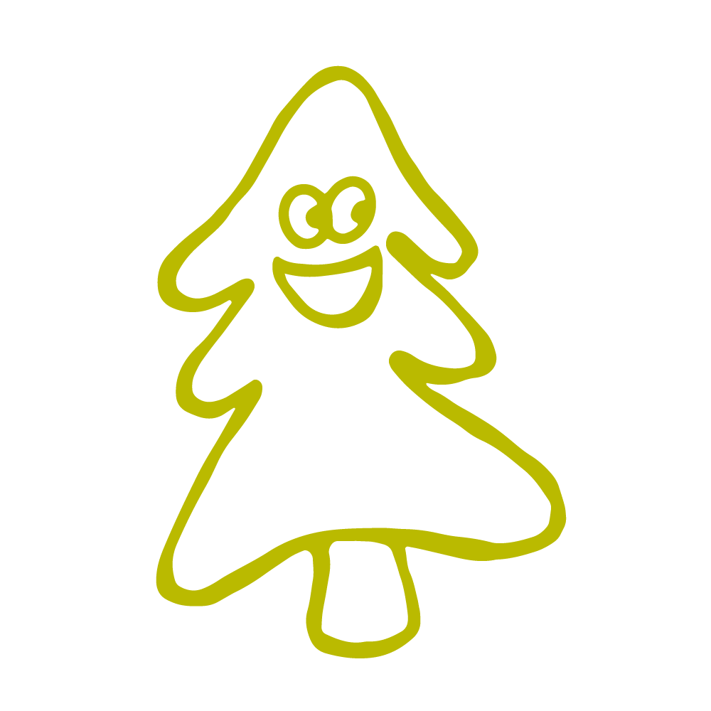 Neon green outline of a smiling Christmas tree on a black background