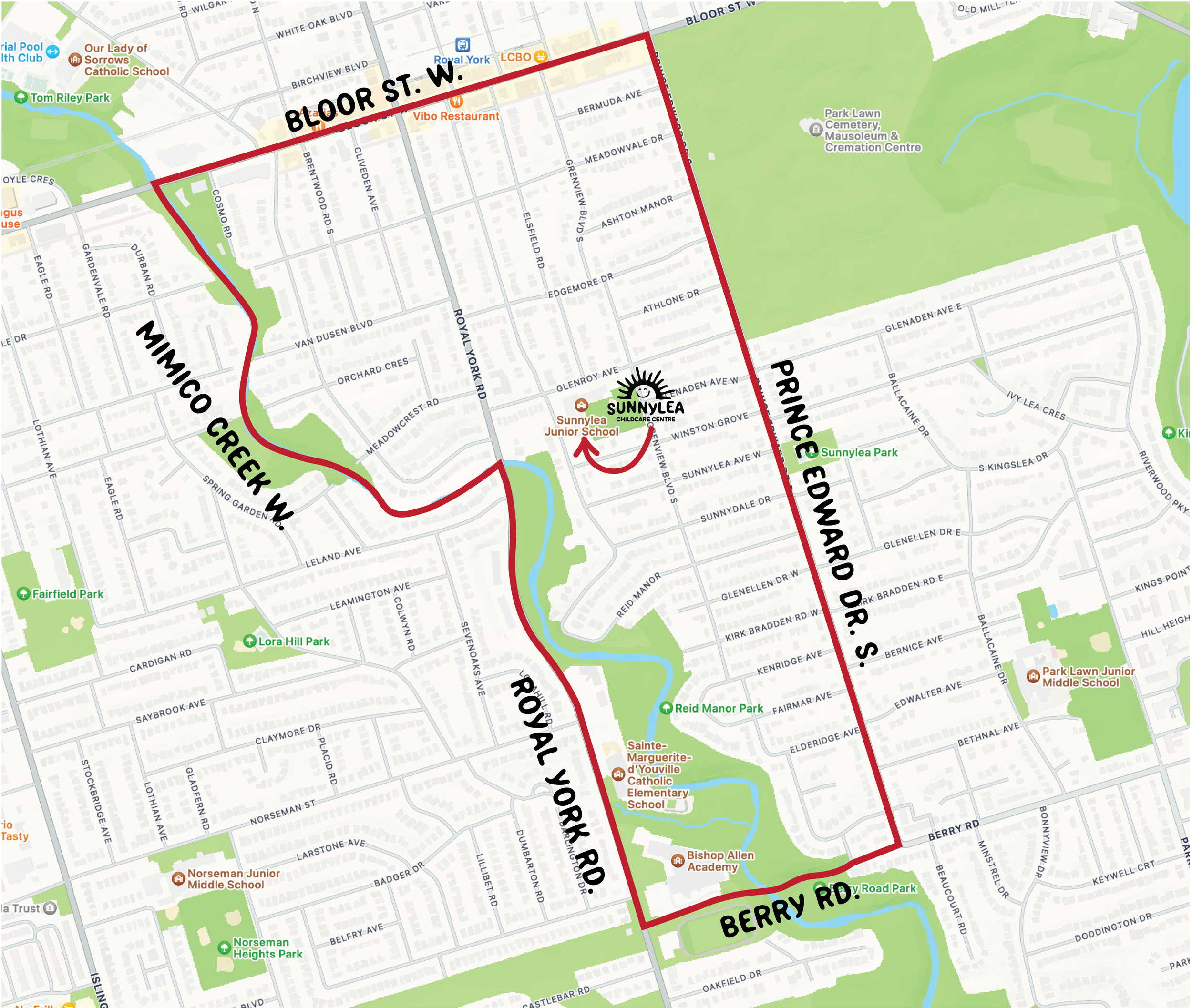 Map of Sunnylea neighborhood showing boundary roads: Bloor Street West, Minnico Creek West, Prince Edward Park South, Berry Road, Royal York Road, and others, with parks, schools, and streets labeled.
