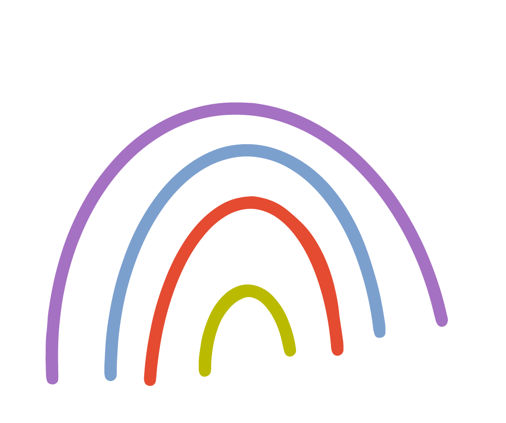 Colorful rainbow with four arches in purple, blue, red, and green on a white background.