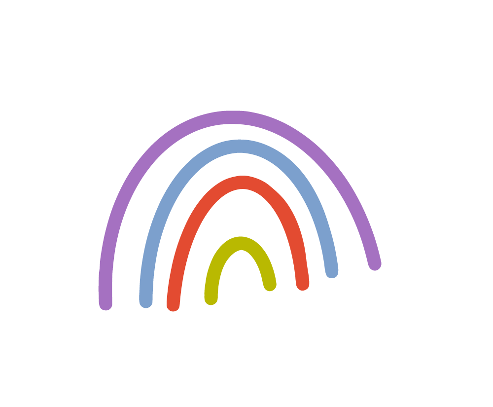 Colorful rainbow with four arches in green, red, blue, and purple on a white cloud shape.