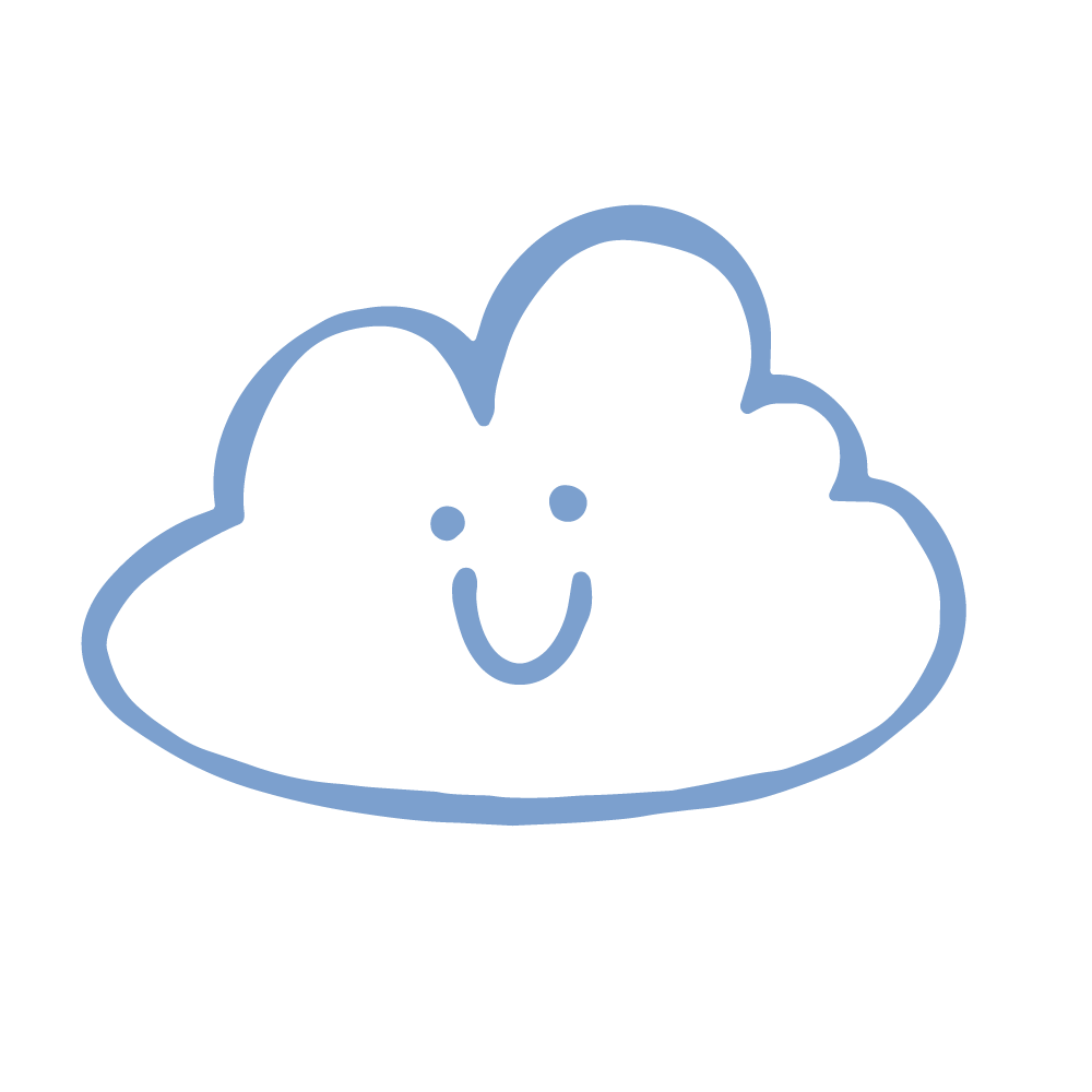 A cartoon drawing of a cloud with a smiling face, outlined in blue.