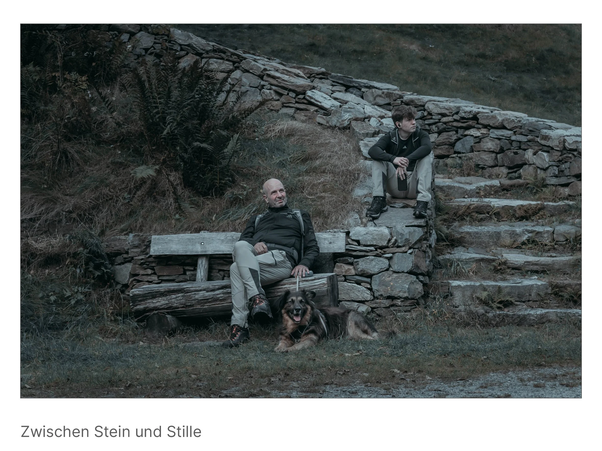 Zwei Menschen und ein Hund ruhen auf alten Steinbänken, eingerahmt von Mauer und Natur, als hielte die Zeit den Atem an.