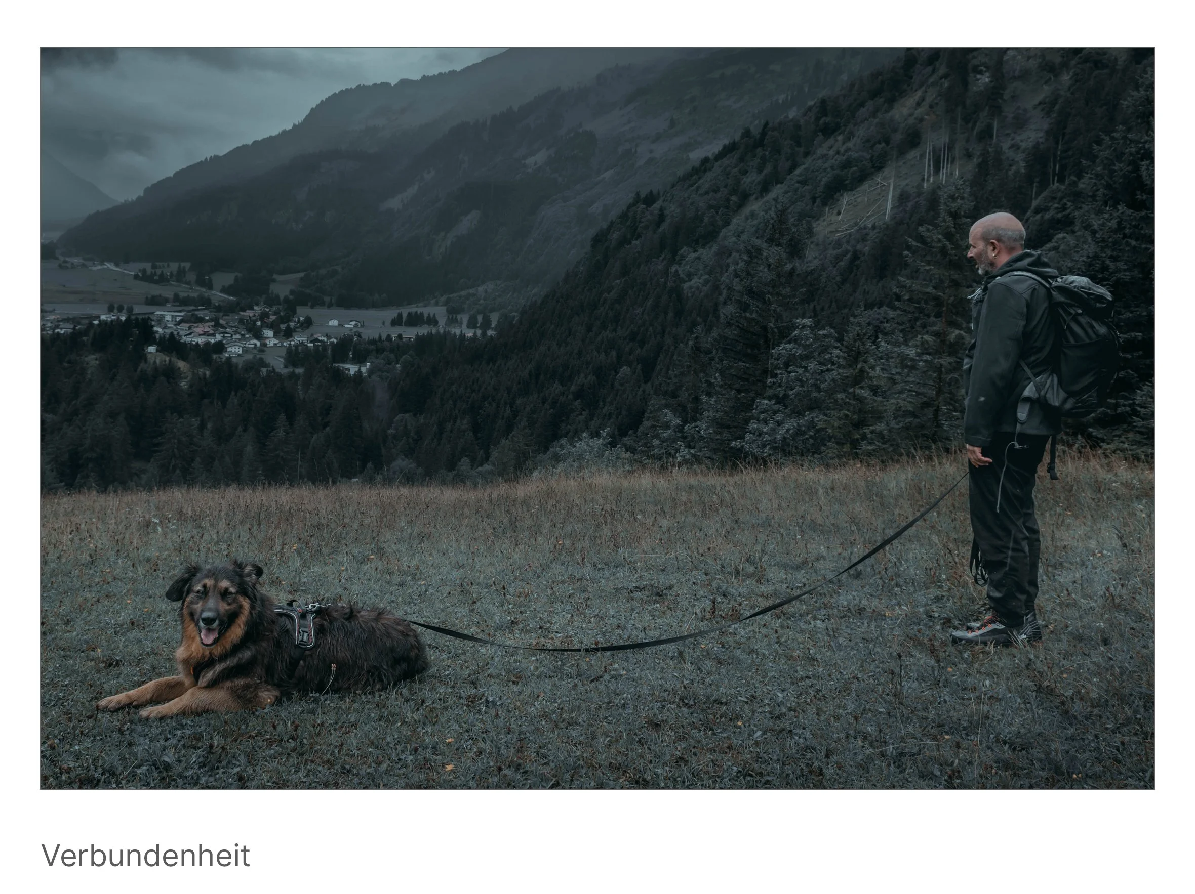Ein Wanderer steht mit seinem Hund auf einer Wiese, die Leine zwischen ihnen wie ein stilles Symbol gegenseitigen Vertrauens.