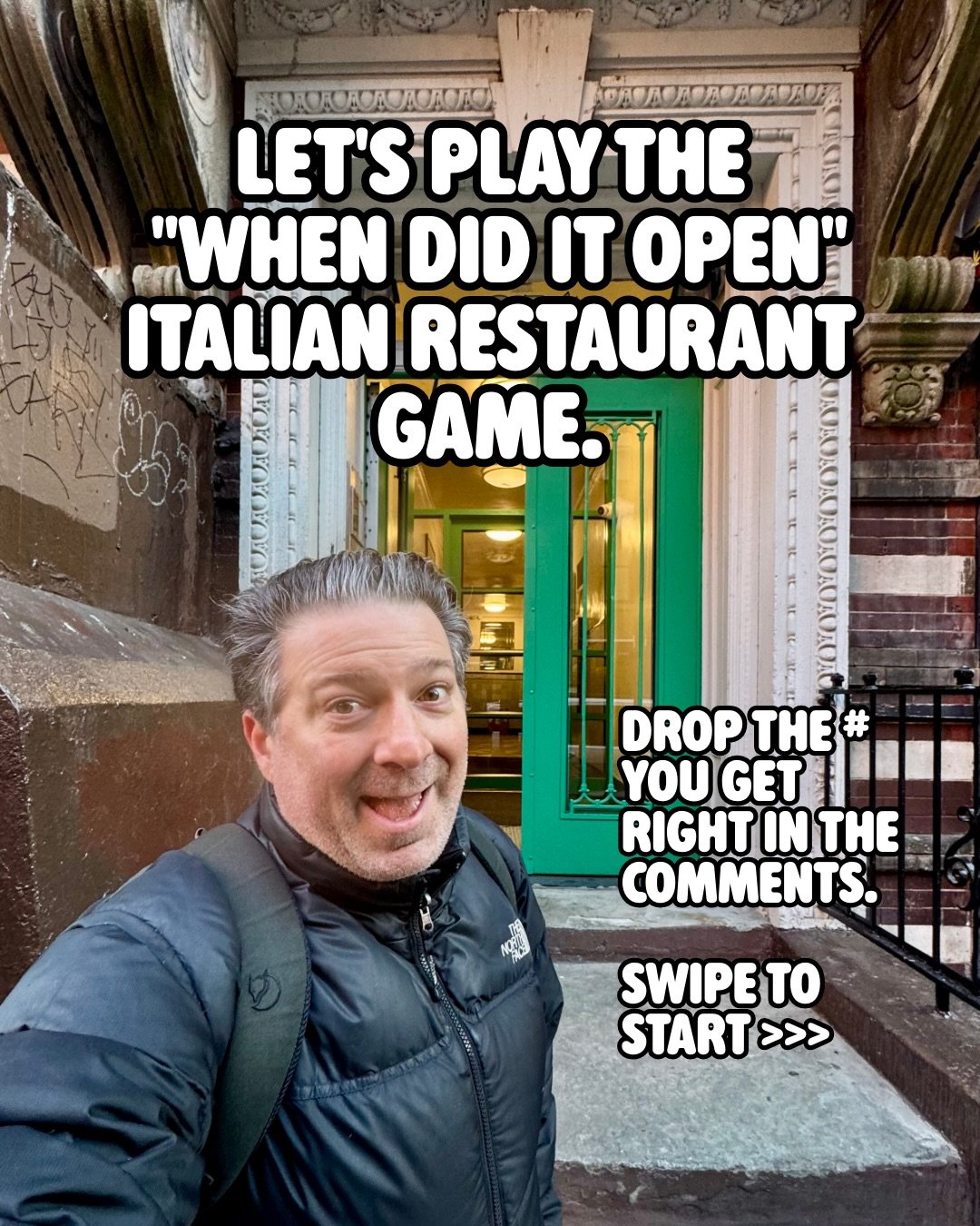 👋 I made up this game on my way home today as I walked through Greenwich Village. &ldquo;Date that Italian Restaurant&rdquo; DROP THE NUMBER YOU GET RIGHT IN THE COMMENTS. 

Example: 5 

No cheating
@faiccosnyc 
@vesuviobakerynyc 
@arturoscoalovenpi