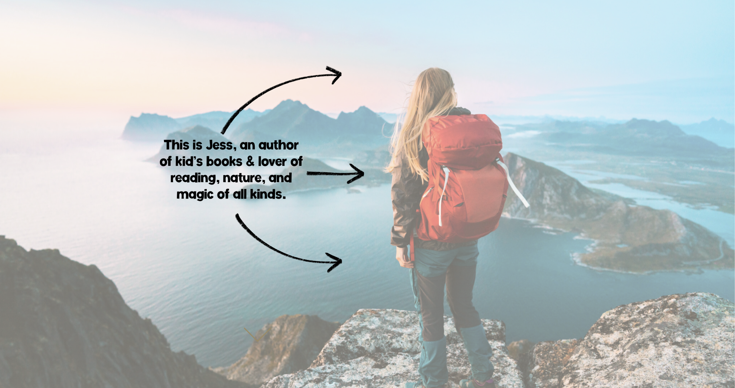 A girl with long blonde hair, dressed in outdoor gear and a red backpack, standing on a rocky ledge overlooking a mountain lake landscape at sunrise or sunset.