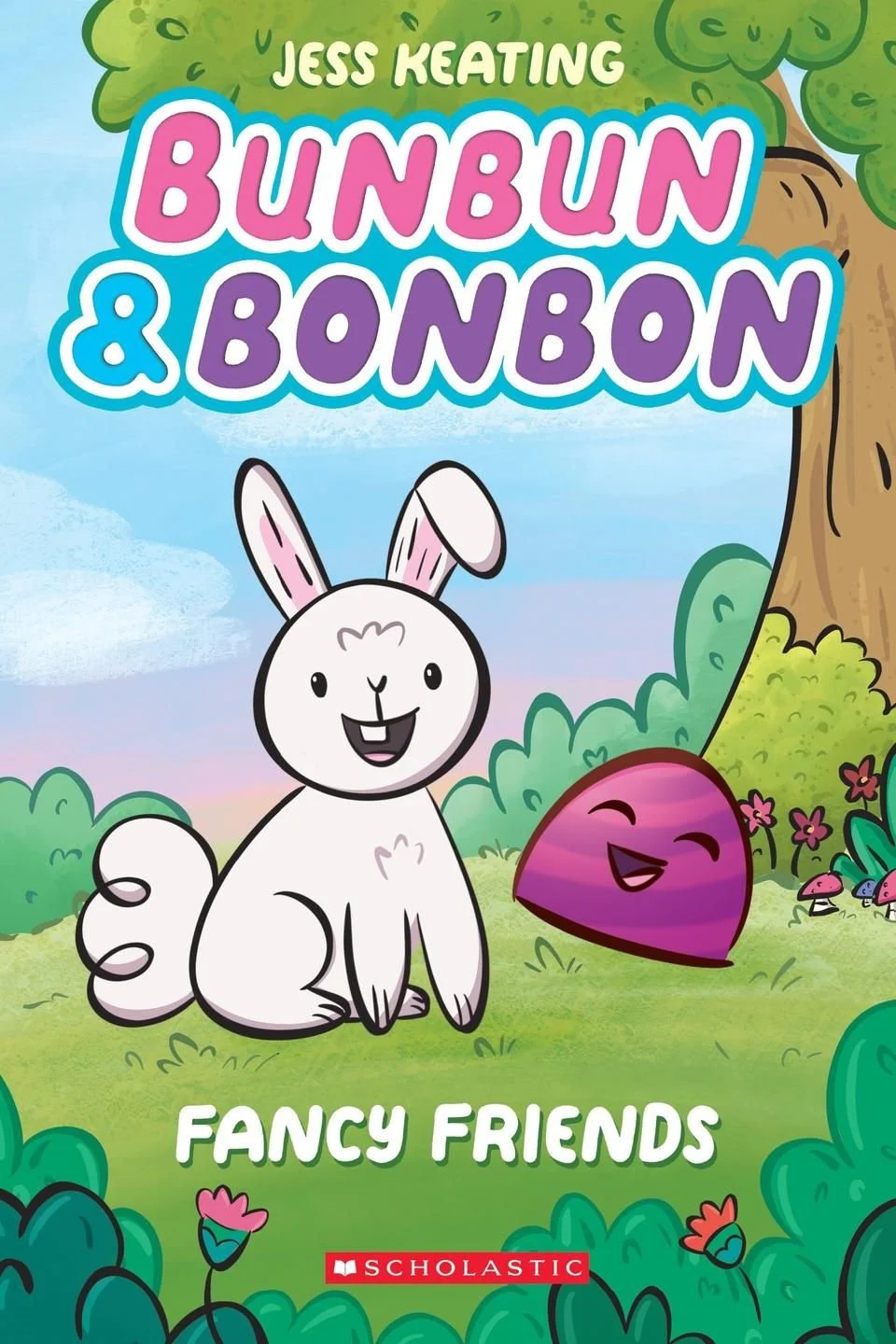Cover of a children's book titled 'Bunbun & Bombon' by Jess Keating, featuring a cartoon bunny and a purple, smiling, pebble-like friend in a colorful outdoor setting with trees, flowers, and bushes.