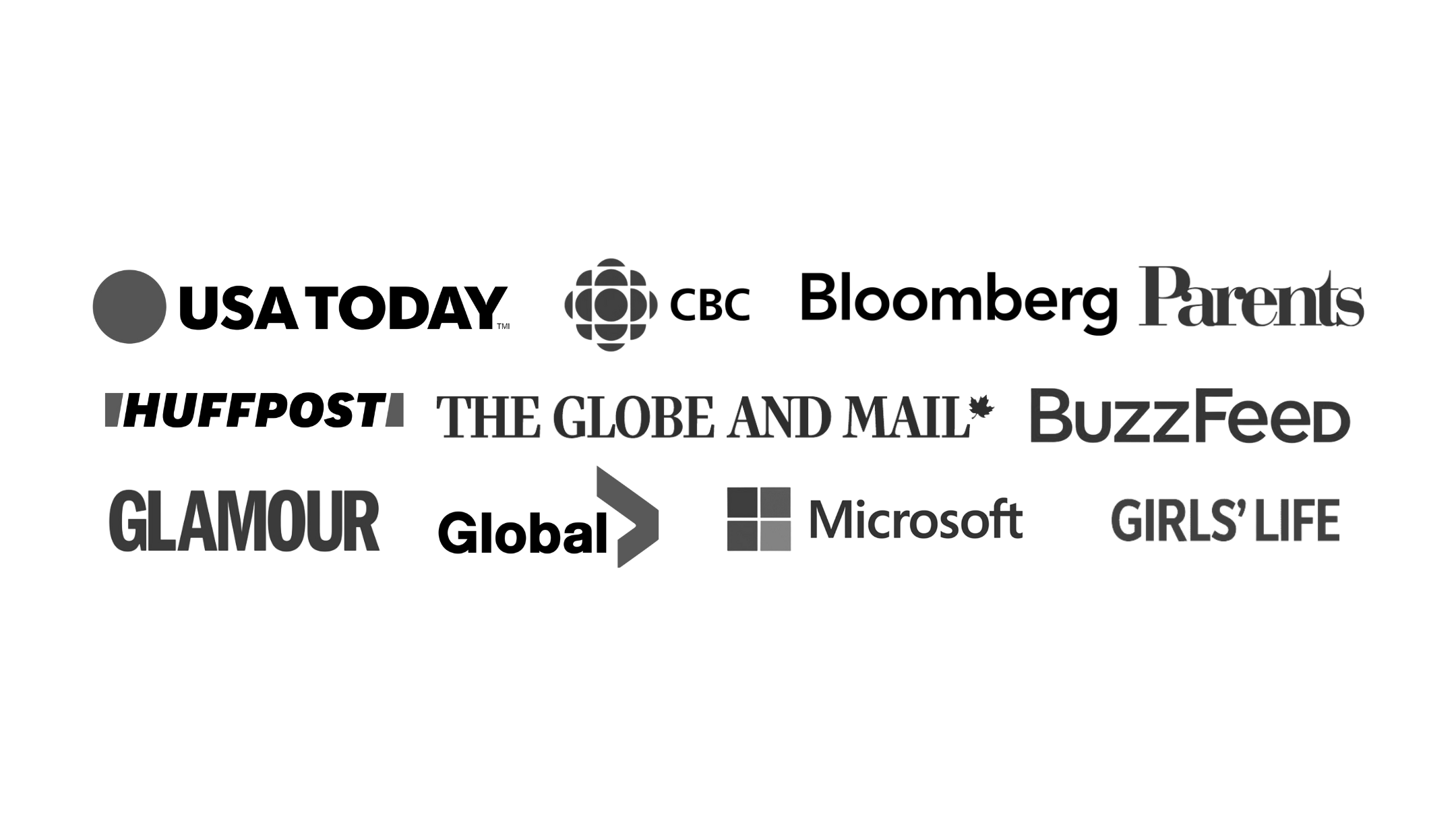 A collection of logos from various media outlets and brands, including USA TODAY, CBC, Parents, THE GLOBE AND MAIL, BuzzFeed, GLAMOUR, Microsoft, and GIRLS' LIFE.