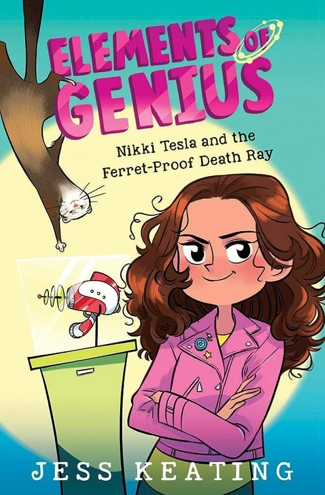 Book cover titled "Elements of Genius" featuring Nikki Tesla with a confident smile, wearing a pink jacket with pins, standing next to a robotic device, with a floating cat and atom illustration in the background.