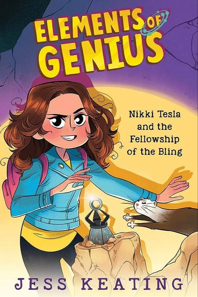 Book cover titled "Elements of Genius" featuring a cartoon-style girl with brown hair, wearing a blue jacket, and a pink backpack. She is pointing at a small tower on a rock, with a ferret nearby. The cover also includes the text "Nikki Tesla and the