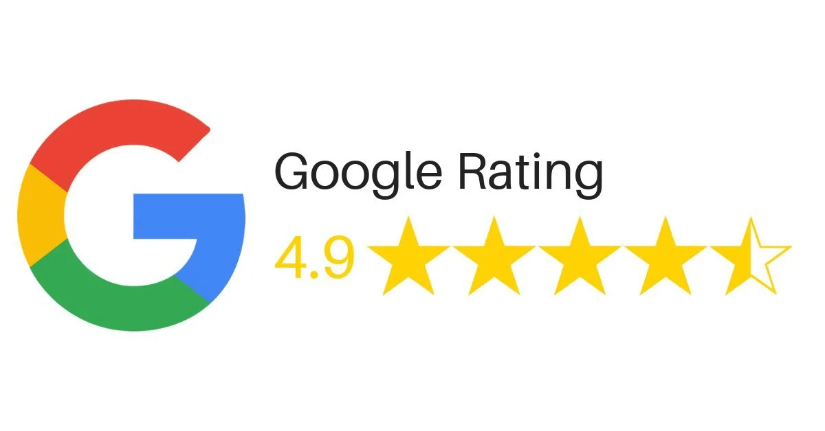 Google logo with a 4.9-star rating displayed as five yellow stars, four and a half filled, and the words 'Google Rating'