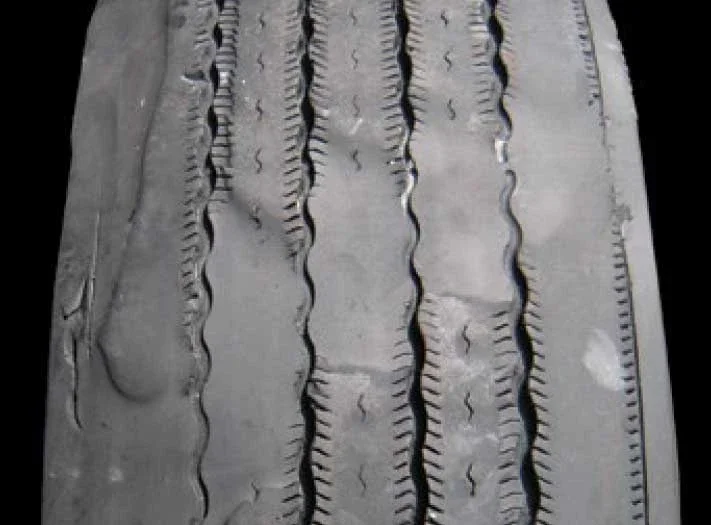 Close-up of tire tread pattern showing grooves and sipes.