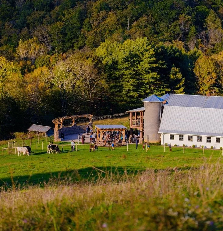 Green pasture with cows and people near a barn, trees in the background.