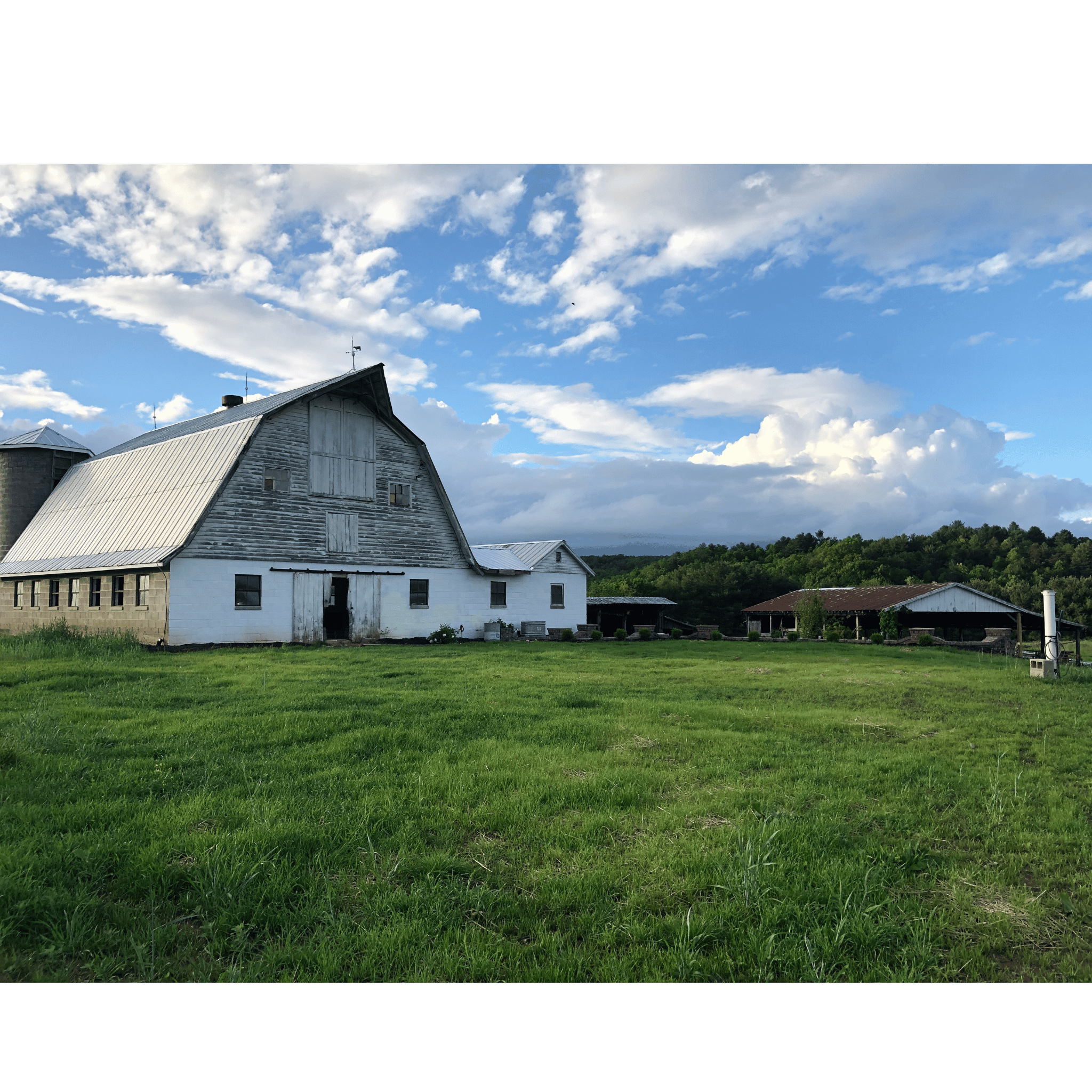 A rural farm scene with a large white barn, a grassy field, and a distant house with a backdrop of green hills and a partly cloudy sky.