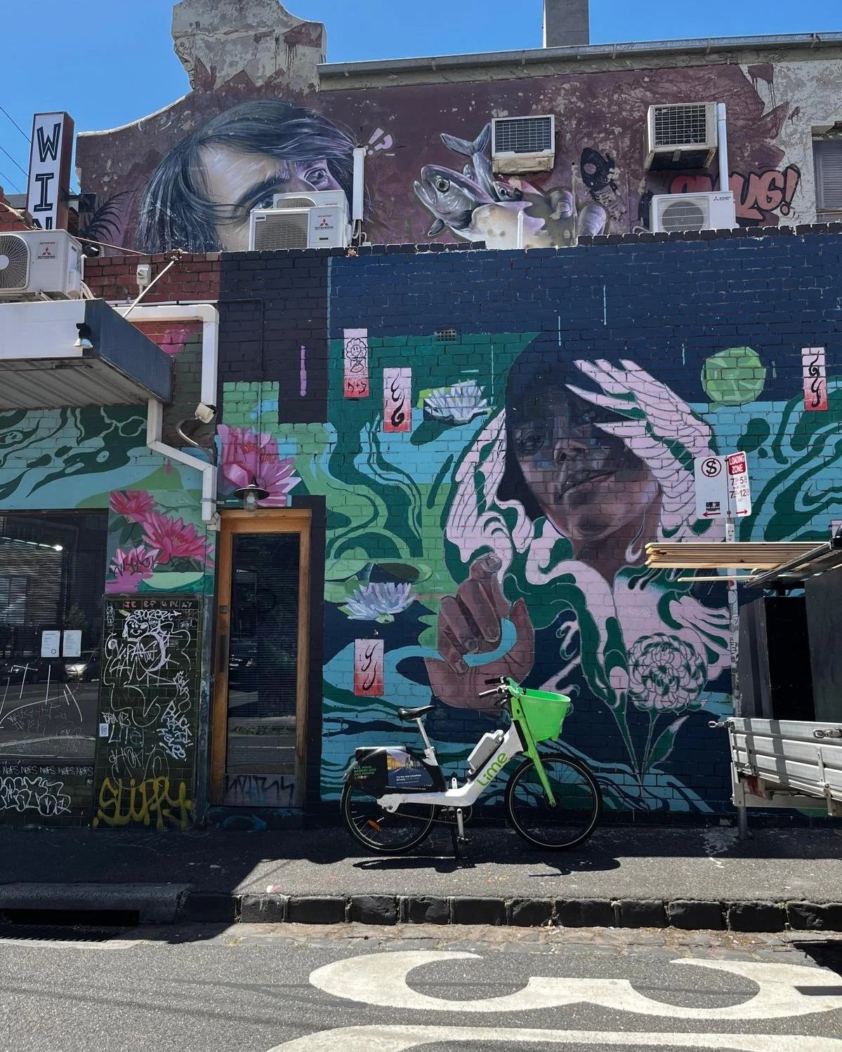 Colorful mural of a woman with flowing hair, surrounded by flowers and abstract elements, on a brick building wall; a bicycle with a green basket is parked in front of the mural.
