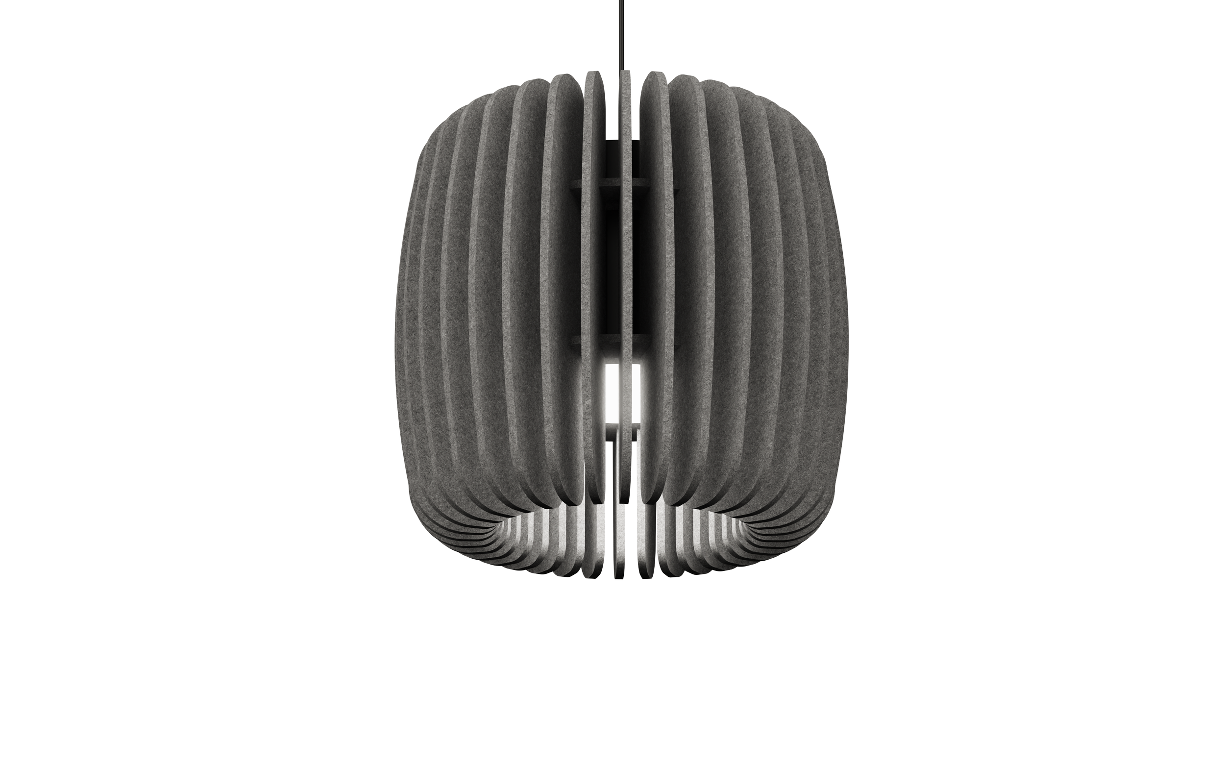 Futuristic hanging lamp with vertical ribbed dark gray panels and a central light source.