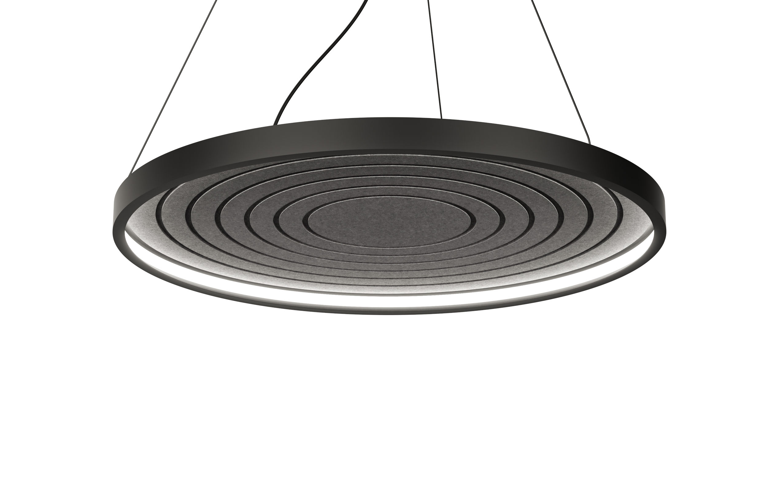Modern circular LED ceiling light fixture with a concentric design, suspended by wires.